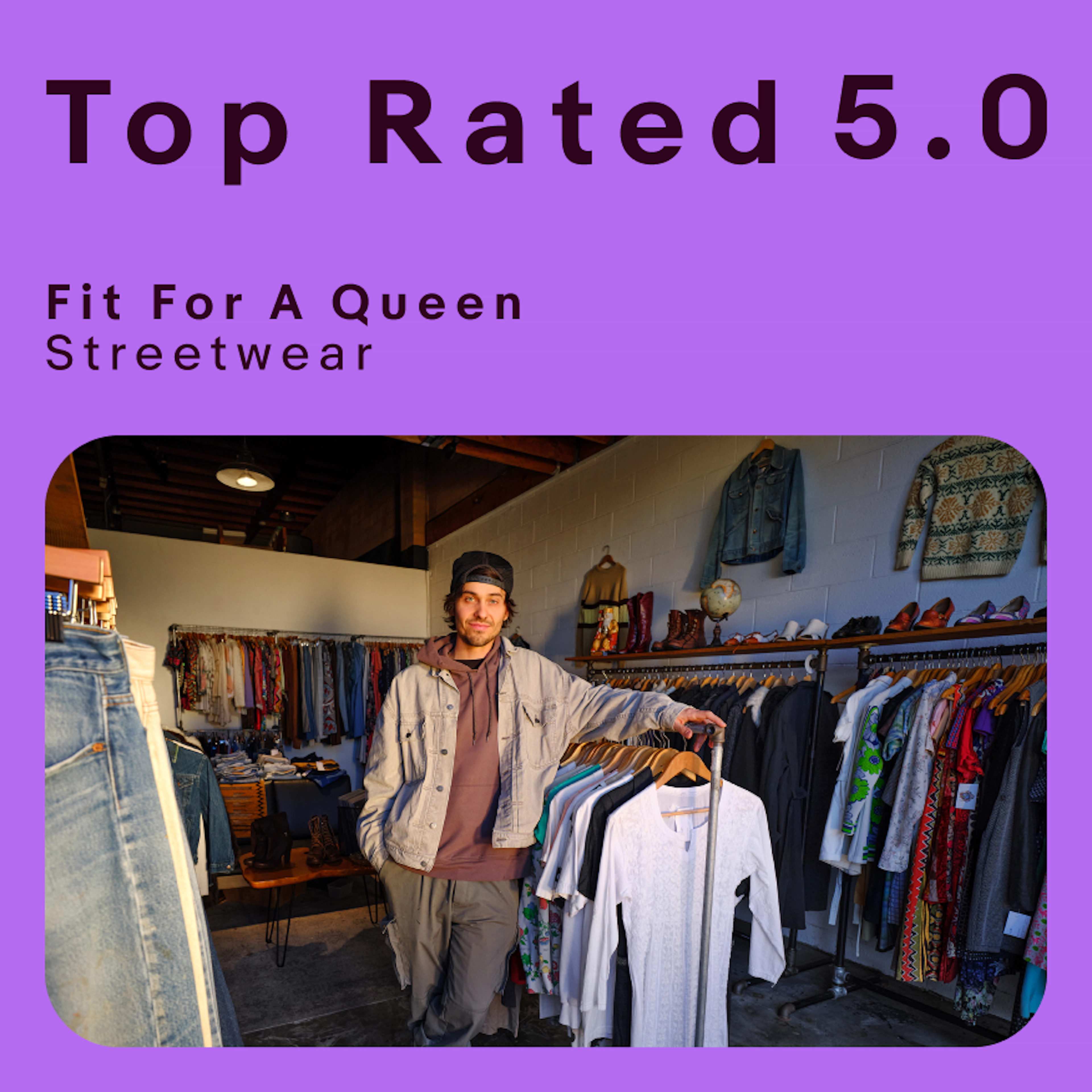 A vibrant purple ad with an image of an eBay seller in his shop of fashionable clothes. The type at the top is using very wide, tracked type which causes a lot of gaps in the letters.