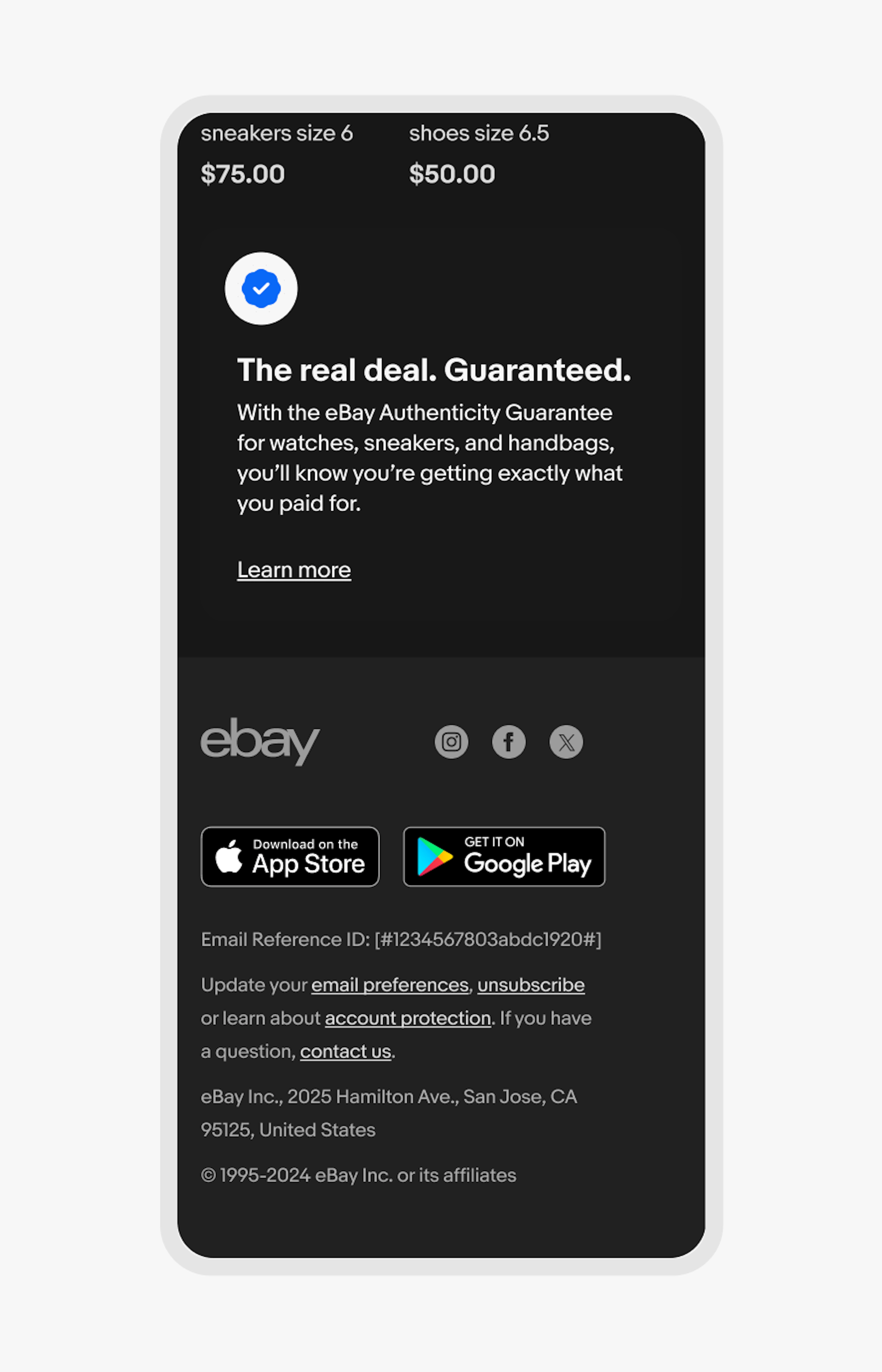 An eBay mobile email in dark mode, showcasing a banner with light blue text and iconography on top of a dark blue background.