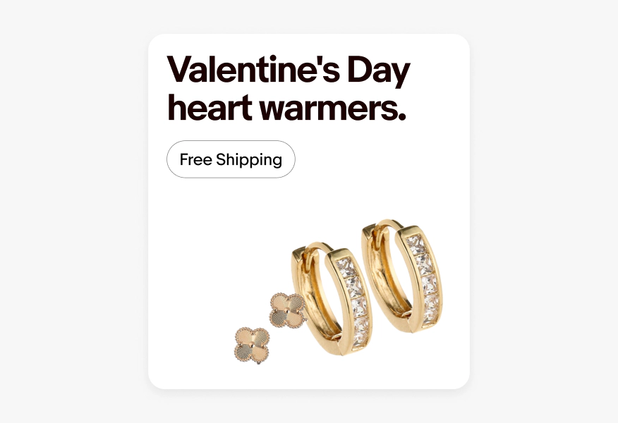The image is an advertisement for Valentine's Day jewelry, titled "Valentine's Day heart warmers." It features a pair of gold hoop earrings with embedded stones and a pair of small, gold, flower-shaped stud earrings. The ad highlights "Free Shipping."