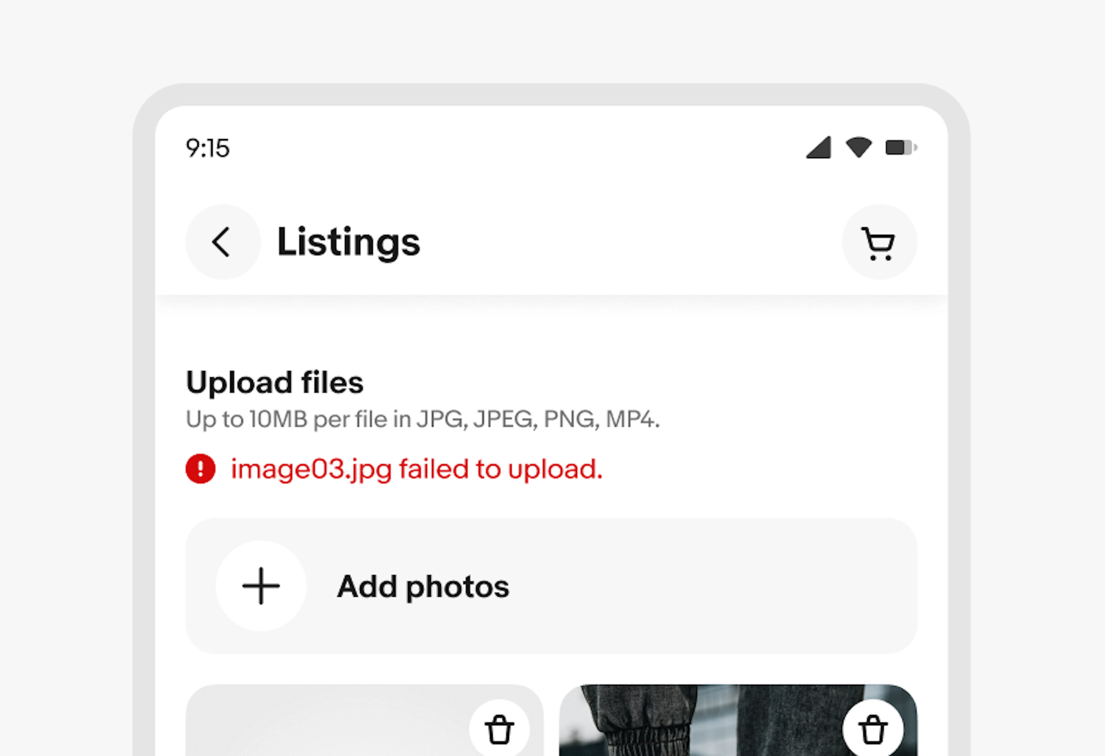Listings page to upload files. Below the header copy, there is alert helper text in red, "image03.jpg failed to upload"