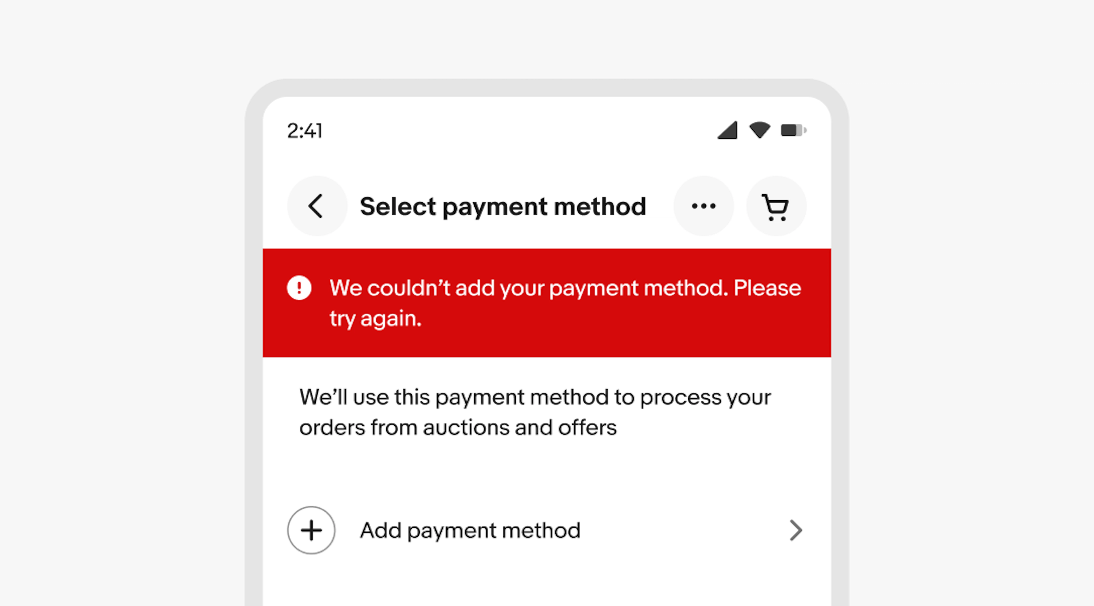 Select payment method page with an Alert Notice with a red background, "We couldn't add your payment method. Please try again."