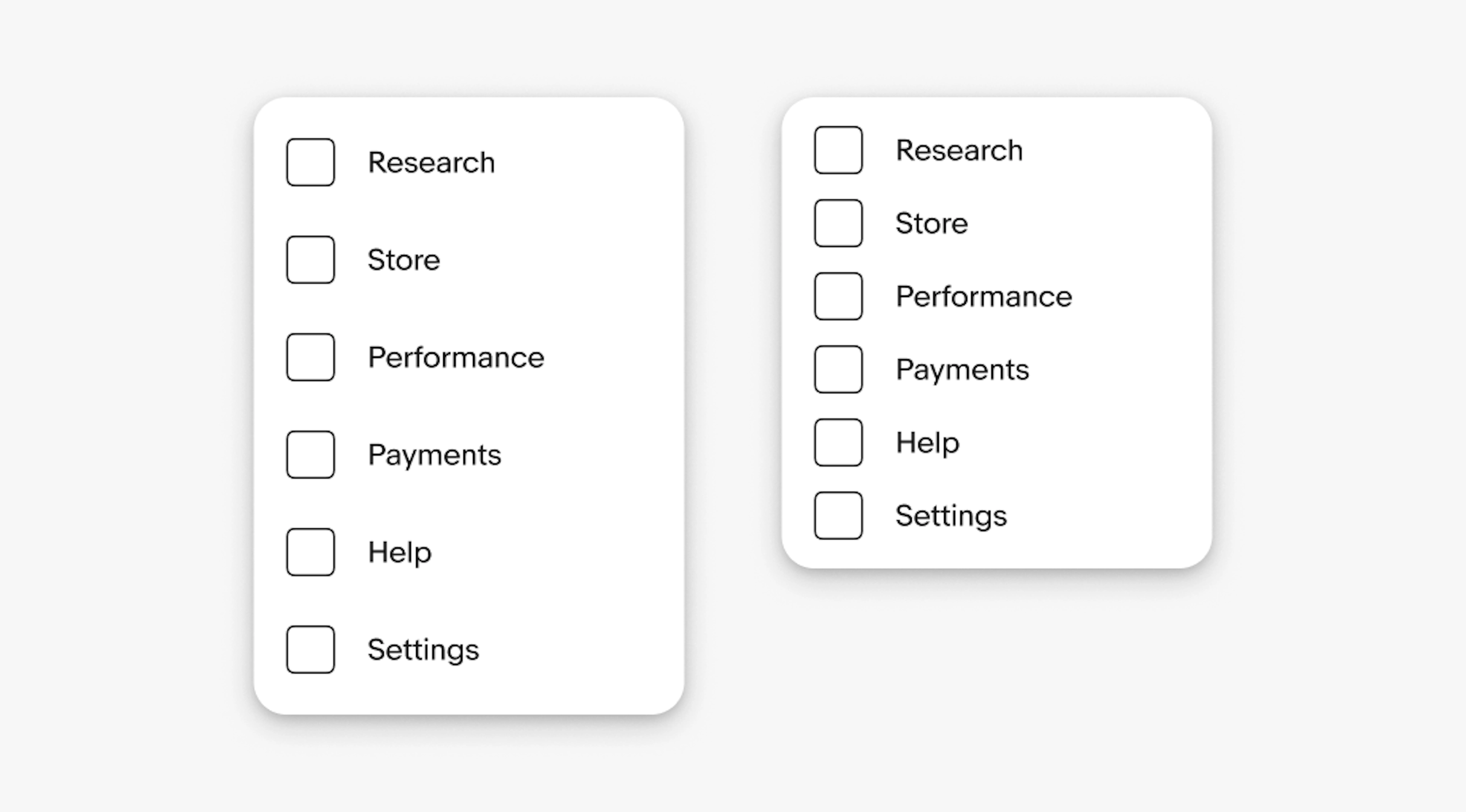 Two menu density examples side by side listing Research, Store, Performance, Payments, Help, Settings; right menu uses tighter spacing.