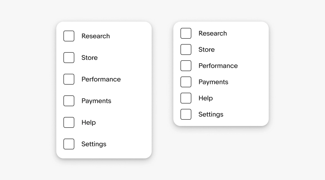 Two menu density examples side by side listing Research, Store, Performance, Payments, Help, Settings; right menu uses tighter spacing.
