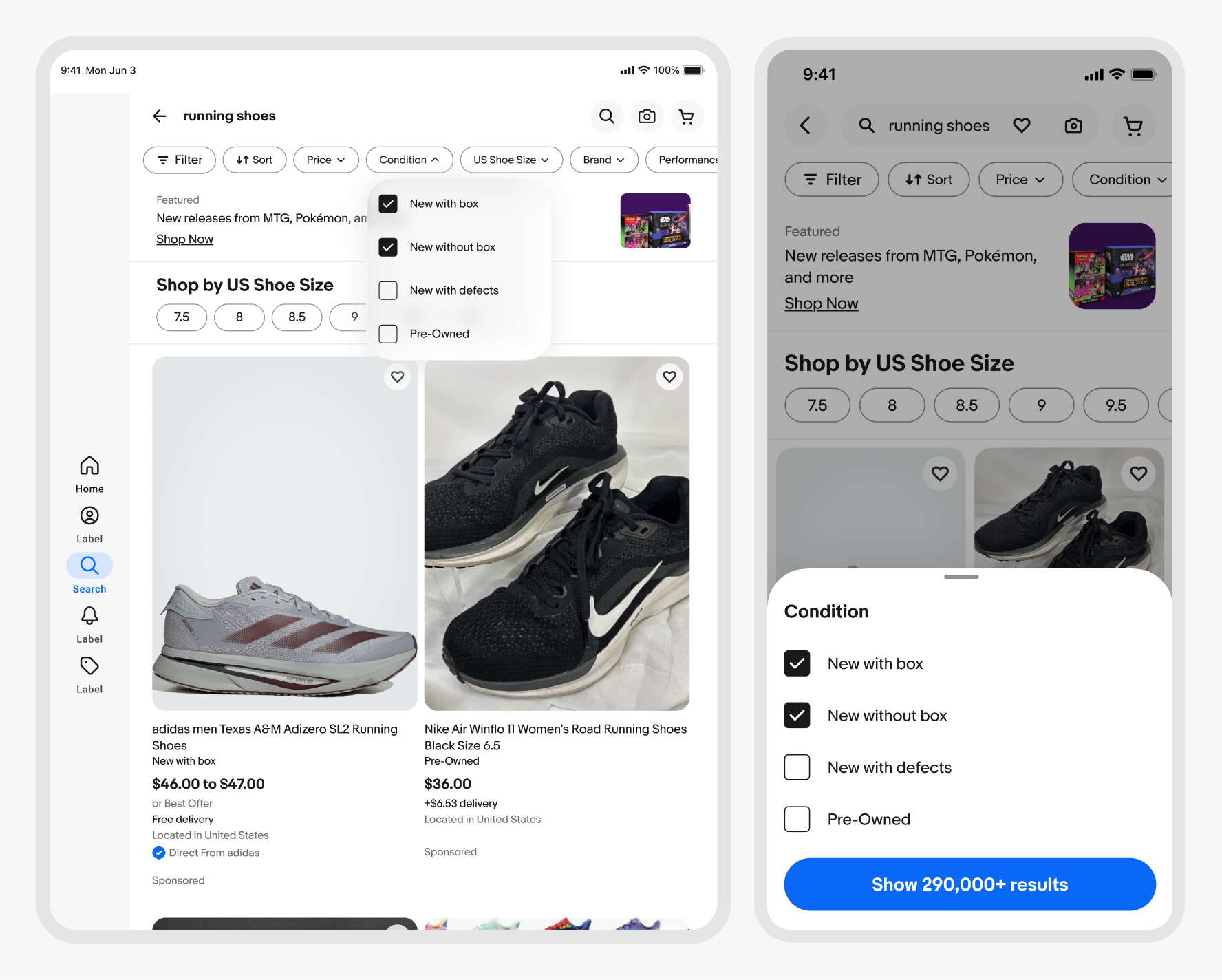 Two iOS mobile screens: eBay item page with overflow popover menu of actions; and search results showing a Condition bottom sheet with checkboxes and a Show 290,000+ results button.