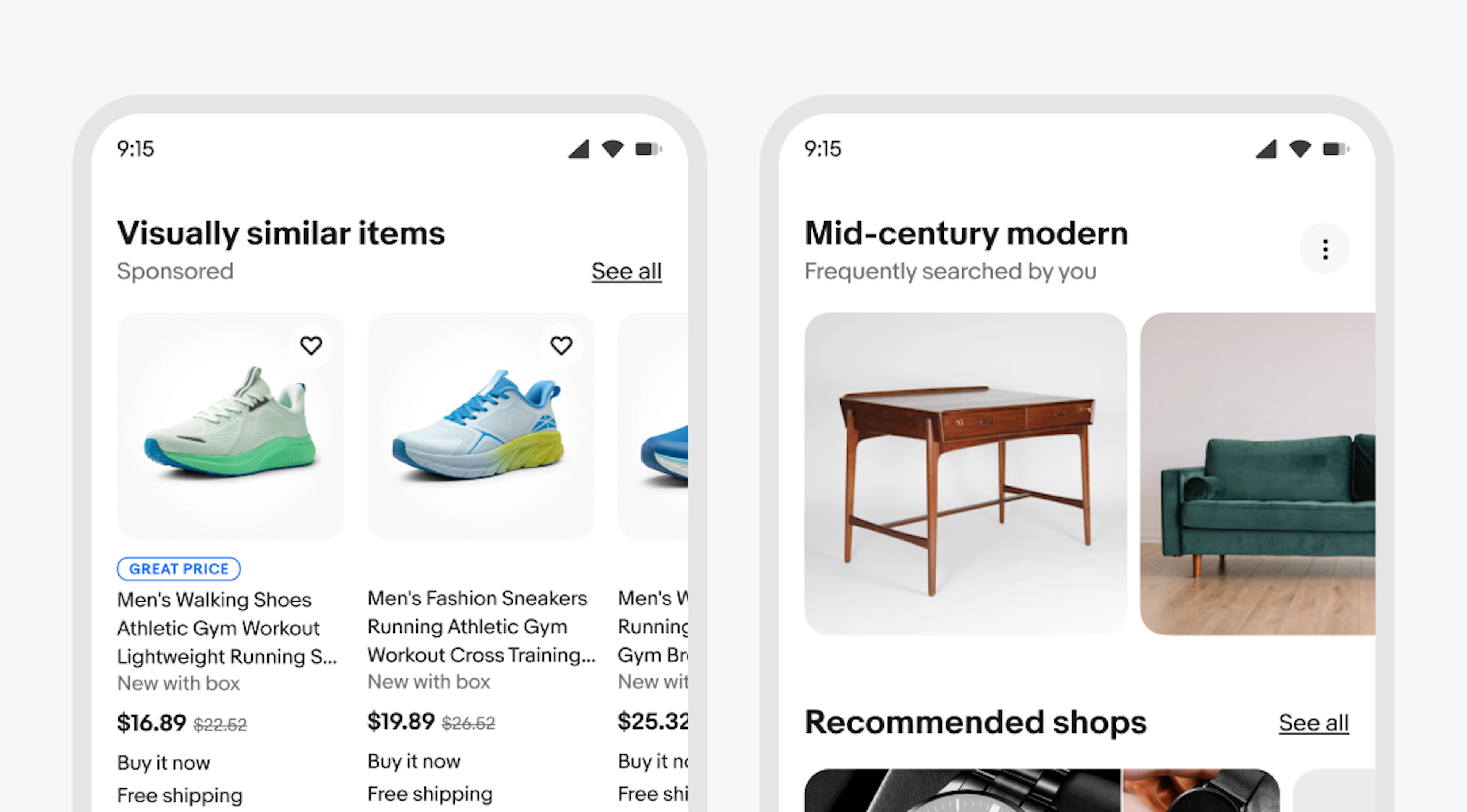 A ‘Visually similar items’ section header title, a ‘Sponsored’ subtitle, and a ‘See all’ text link. A “Mid Century Modern header title, a “Frequently searched by you” subtitle and and overflow icon button. 