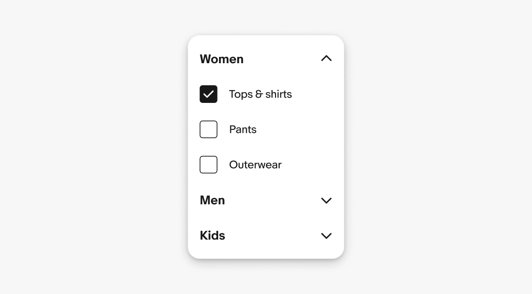 Accordion submenus: Women expanded with Tops & shirts, Pants, Outerwear; Men and Kids collapsed with chevrons.