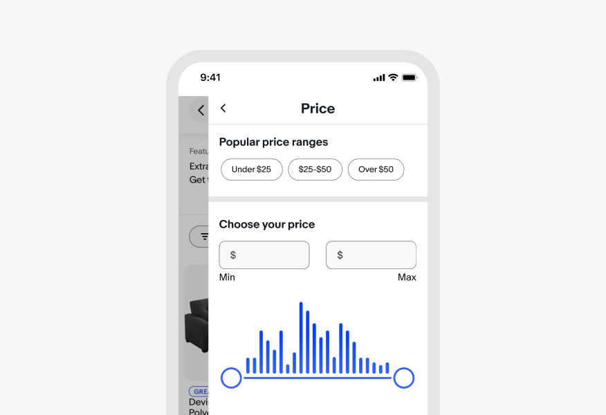 Mobile Price filter screen showing quick-select chips (Under $25, $25–$50, Over $50), minimum and maximum dollar input fields, and a histogram bar chart with a dual-handle range slider.