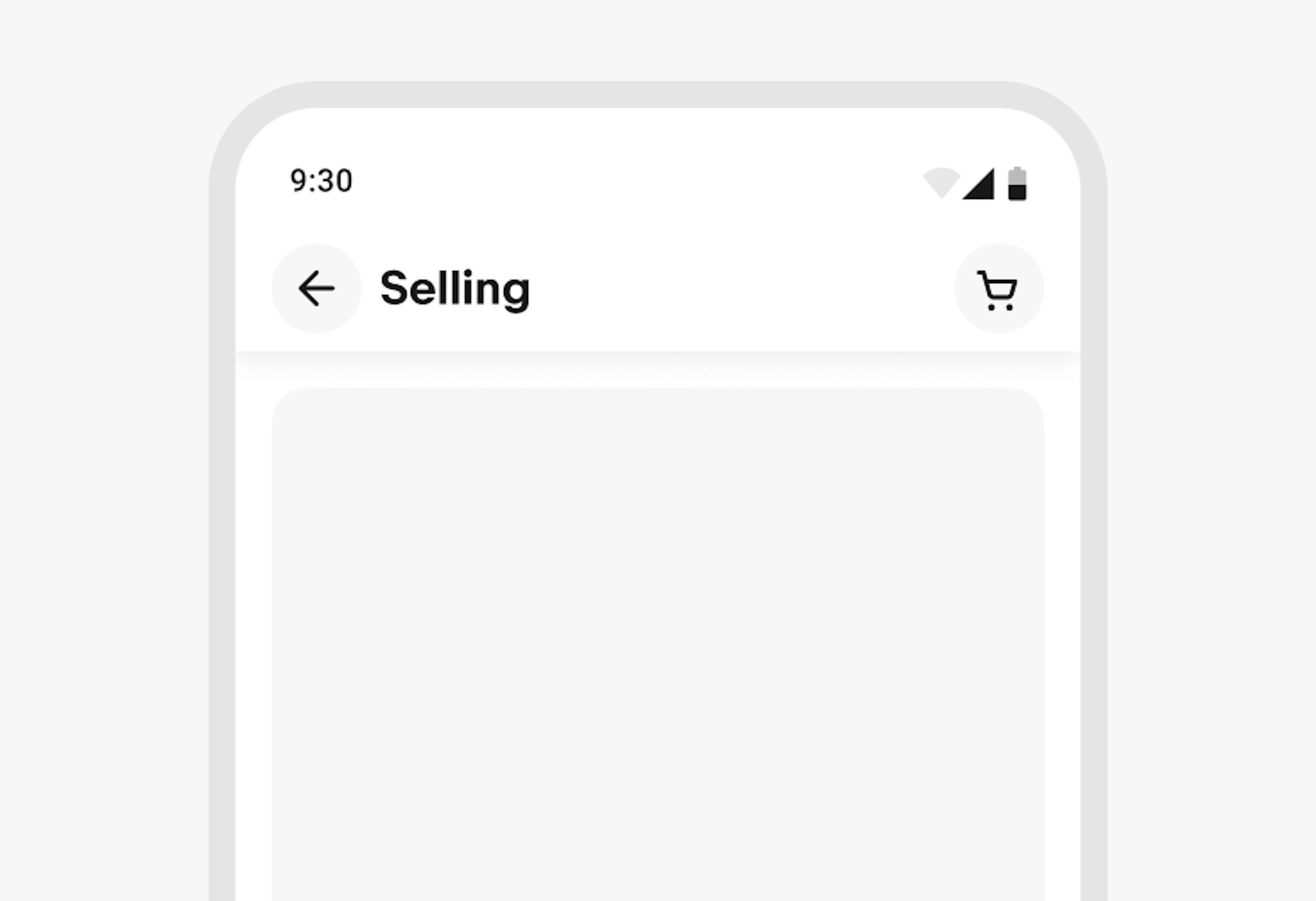 A stylized mobile screen with a top navigation bar titled “Selling”.