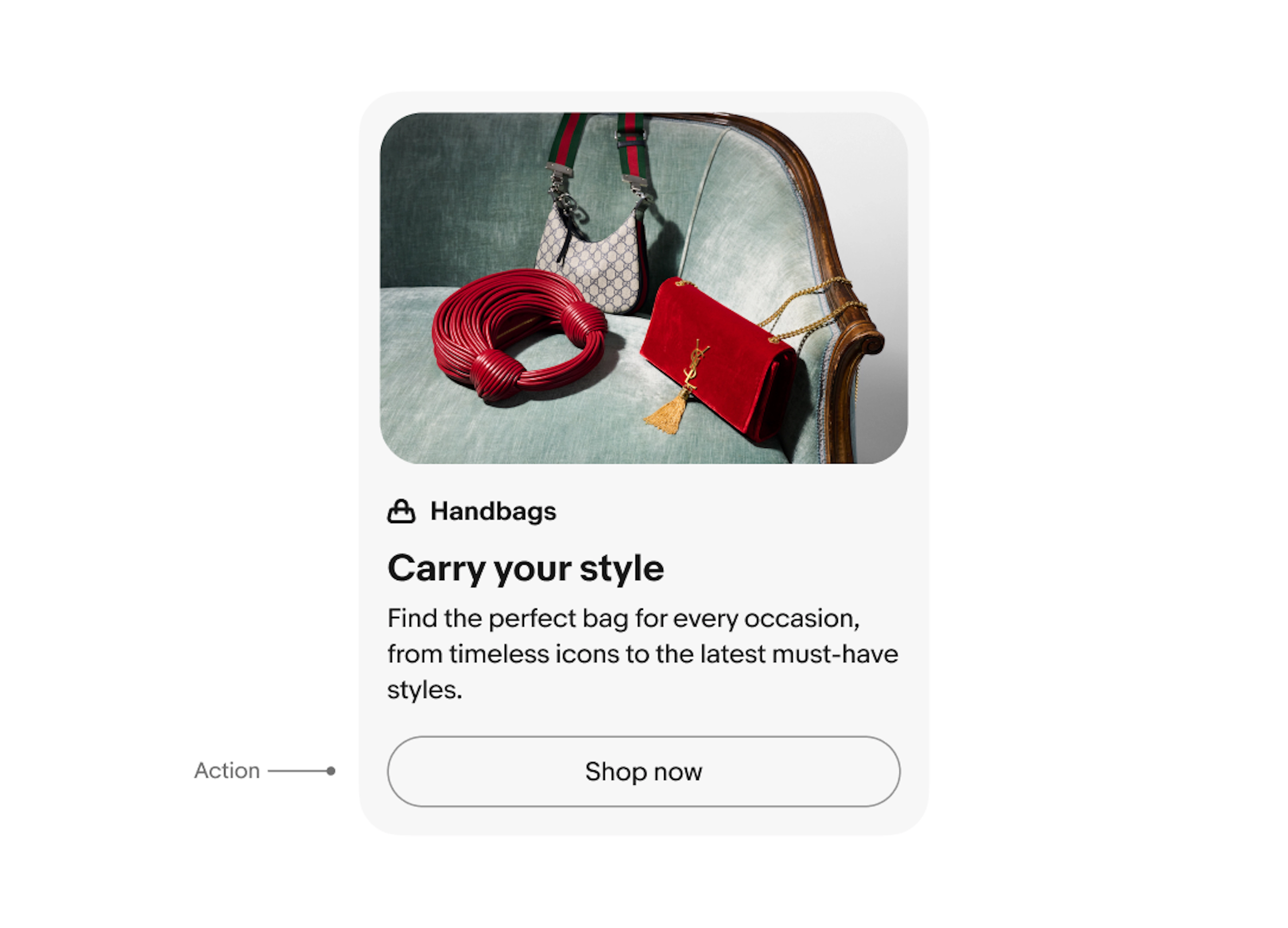 A vertical card with a light grey background and image on top. An annotation points to the action. The copy reads “shop now”. 