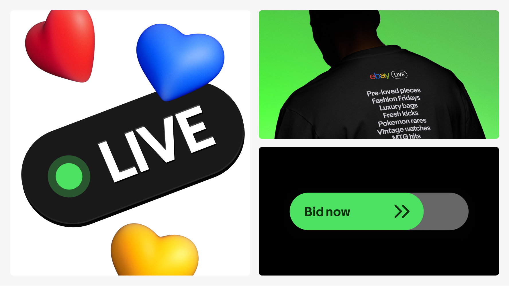A visual chart of three examples of the eBay Live color palette in use. The left column contains a 3D supergraphic overlaid with our 4 color heart emojis. The right column shows the back of a Violet shirt with a kiwi Icon Pill. Below is a kiwi “Bid now” CTA on a violet background.