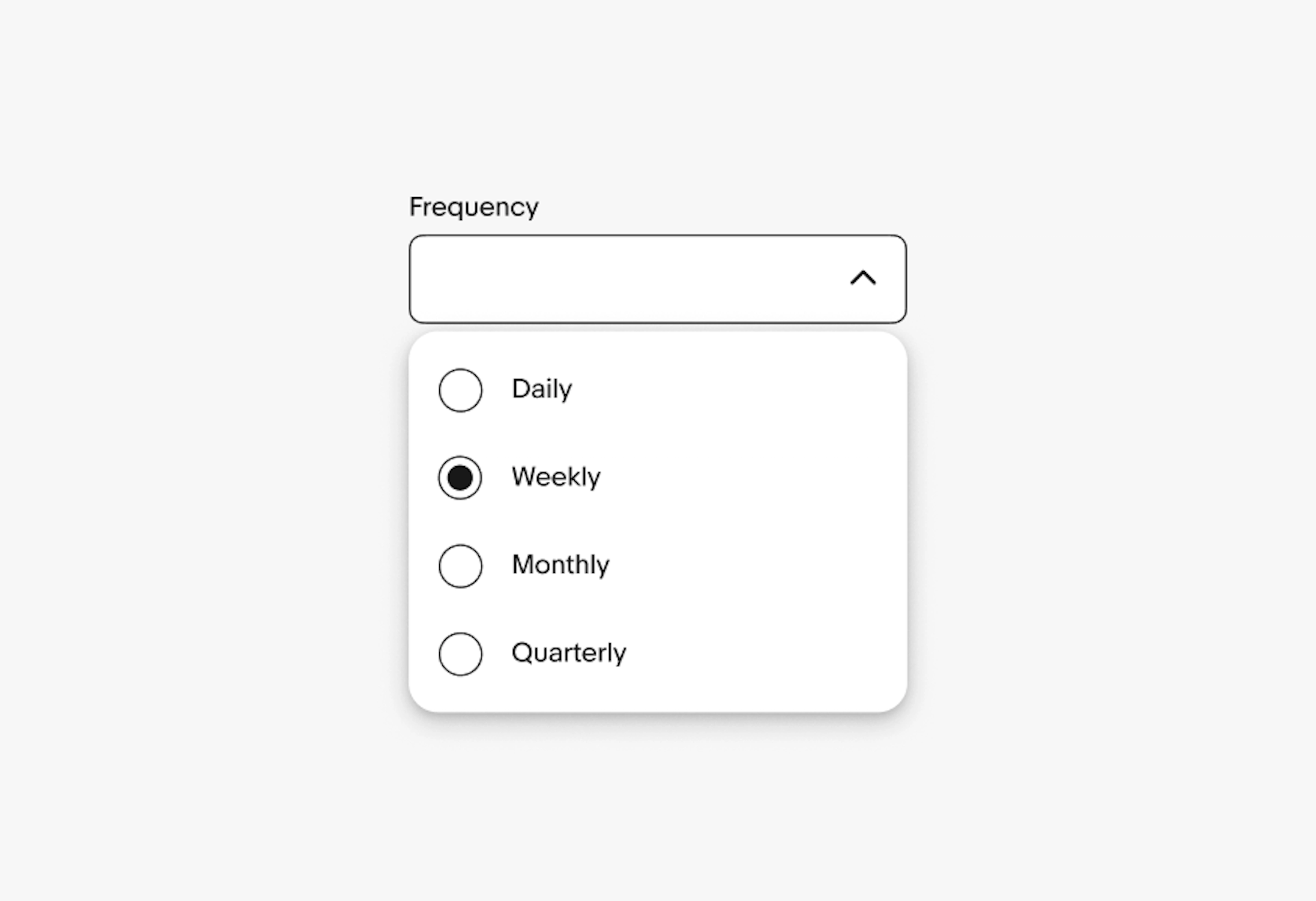 Two dropdowns: Add to folder multiselect with checkboxes (Bookmarks and Trading cards selected; Sell these, My Idols, Sci‑Fi unselected) and Frequency radios with Weekly selected.