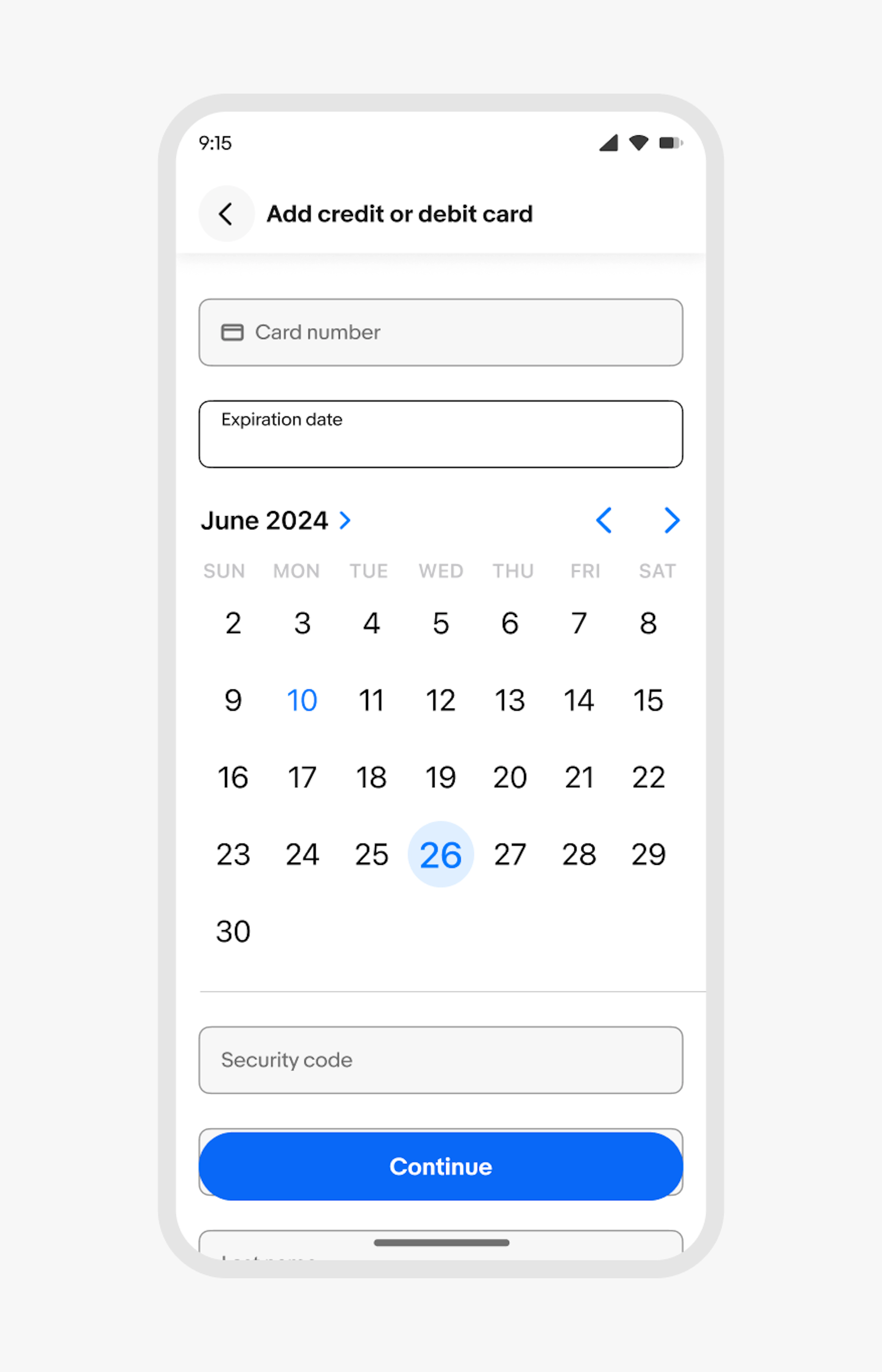 A date picker used in a text input for a credit card expiration date.