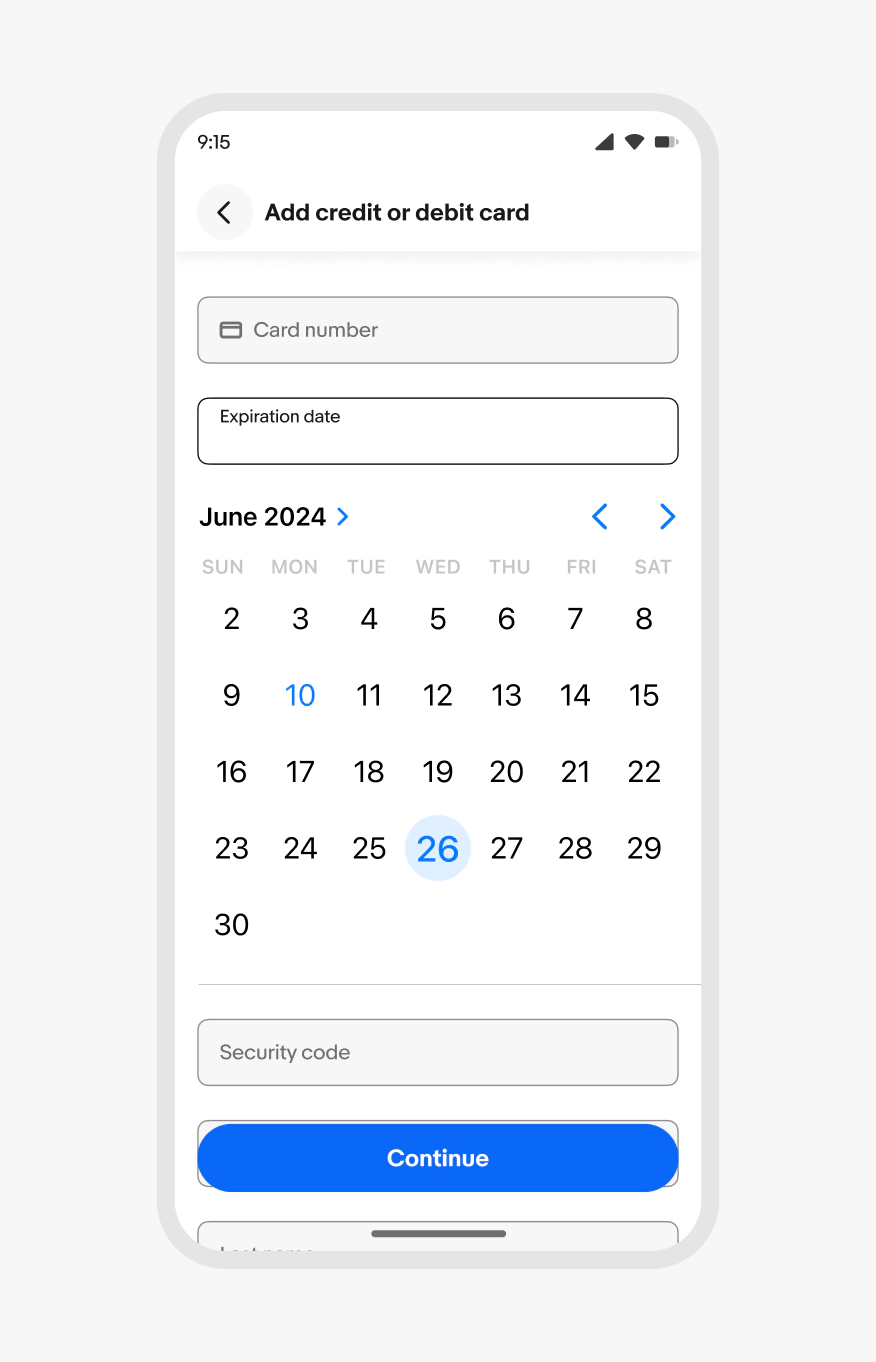 A date picker used in a text input for a credit card expiration date.