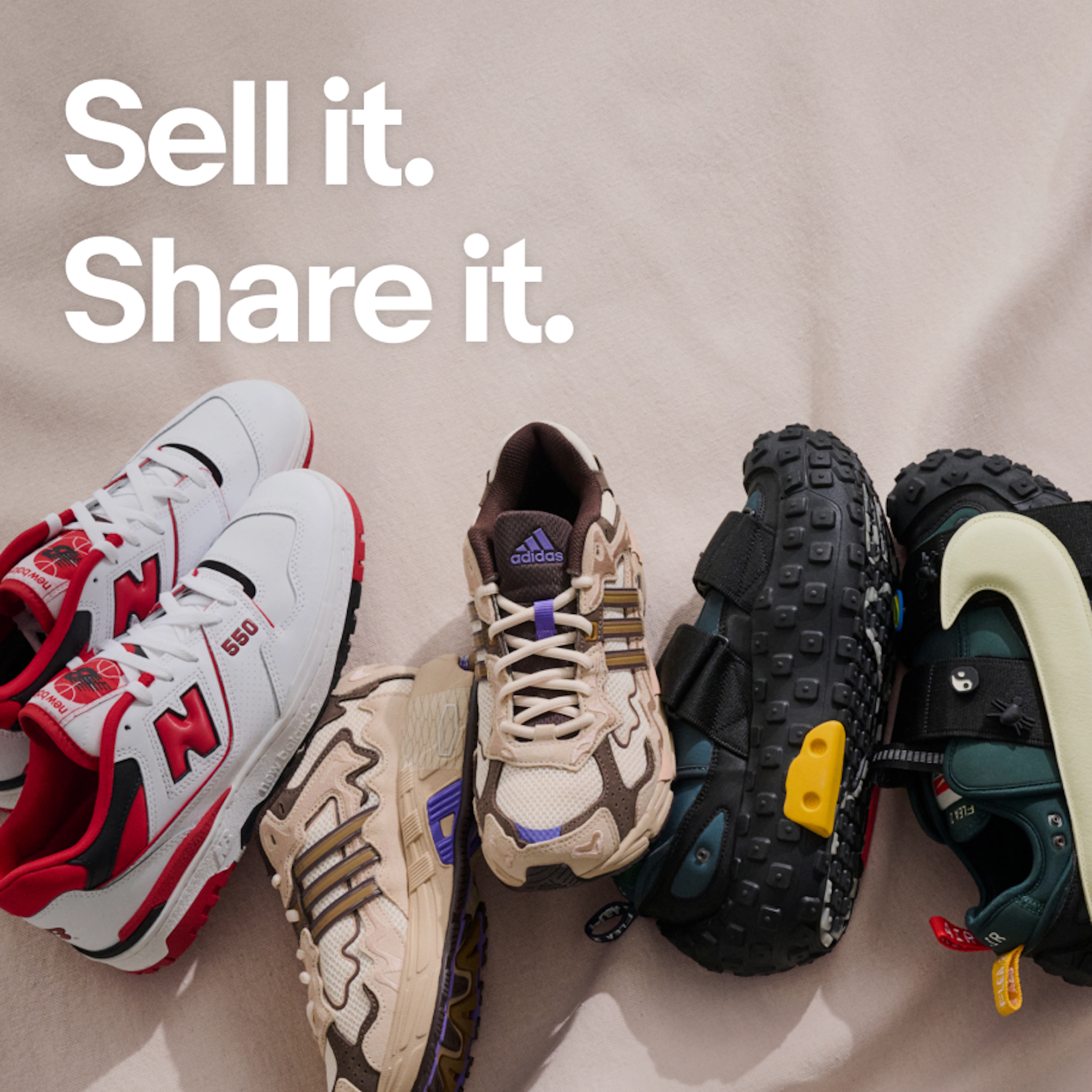 A promotional graphic featuring the headline "Sell it. Share it." above a selection of sneakers, including running shoes and cycling shoes, arranged on a neutral fabric background.