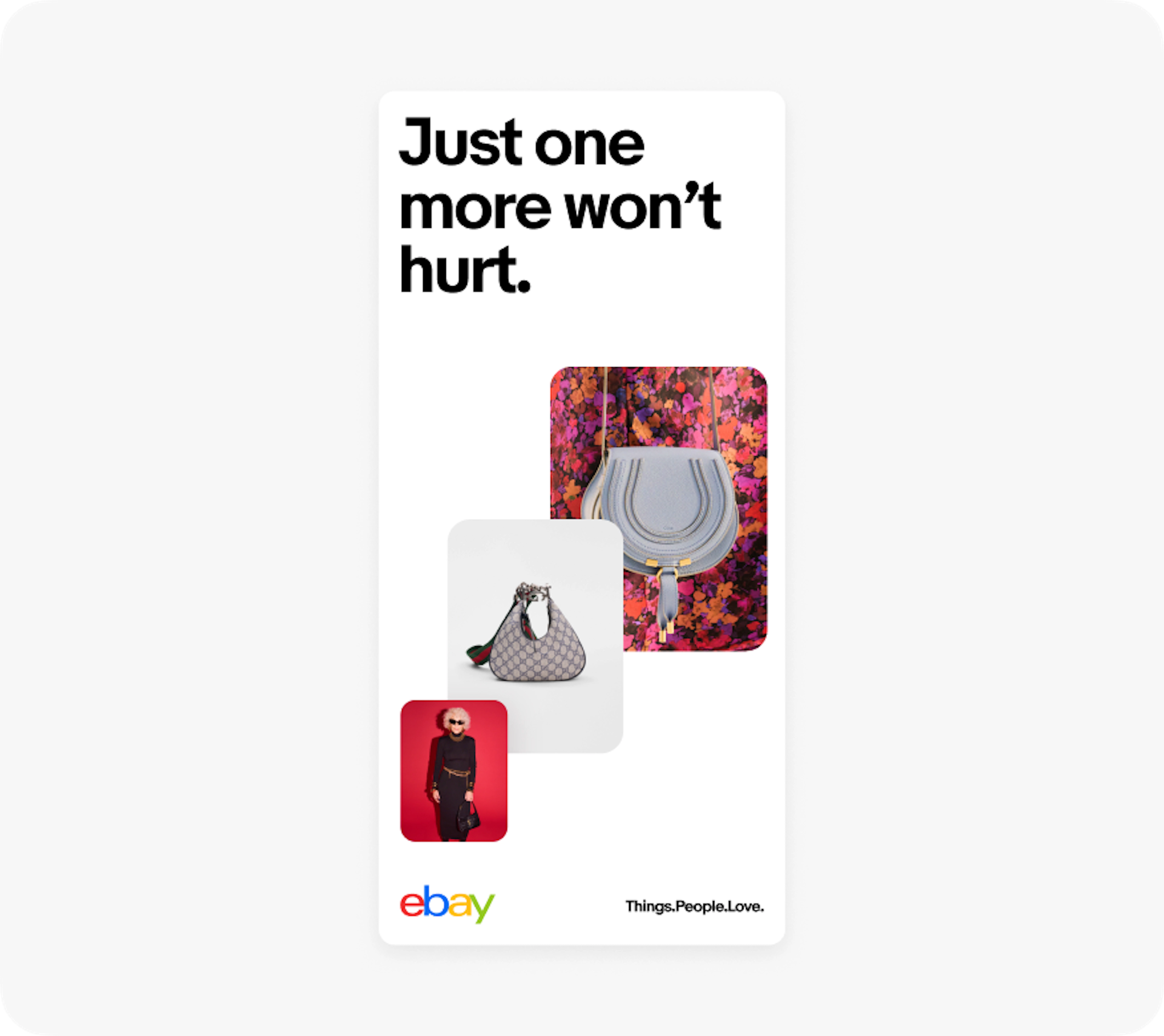 A digital banner ad with black text, three red-tones stacked images, the 4-color eBay logo, and tagline in black on a white background. 
