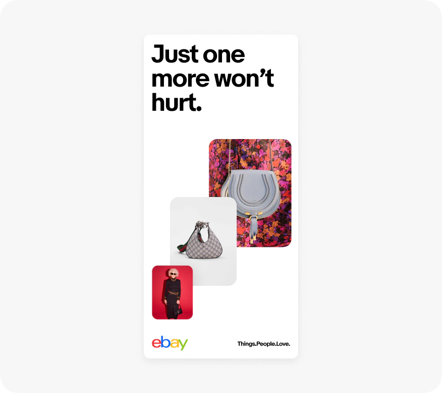 A digital banner ad with black text, three red-tones stacked images, the 4-color eBay logo, and tagline in black on a white background.