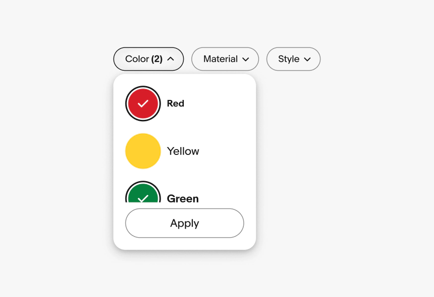 A popover sits below a ‘Color’ quick filter button with a counter of 2.