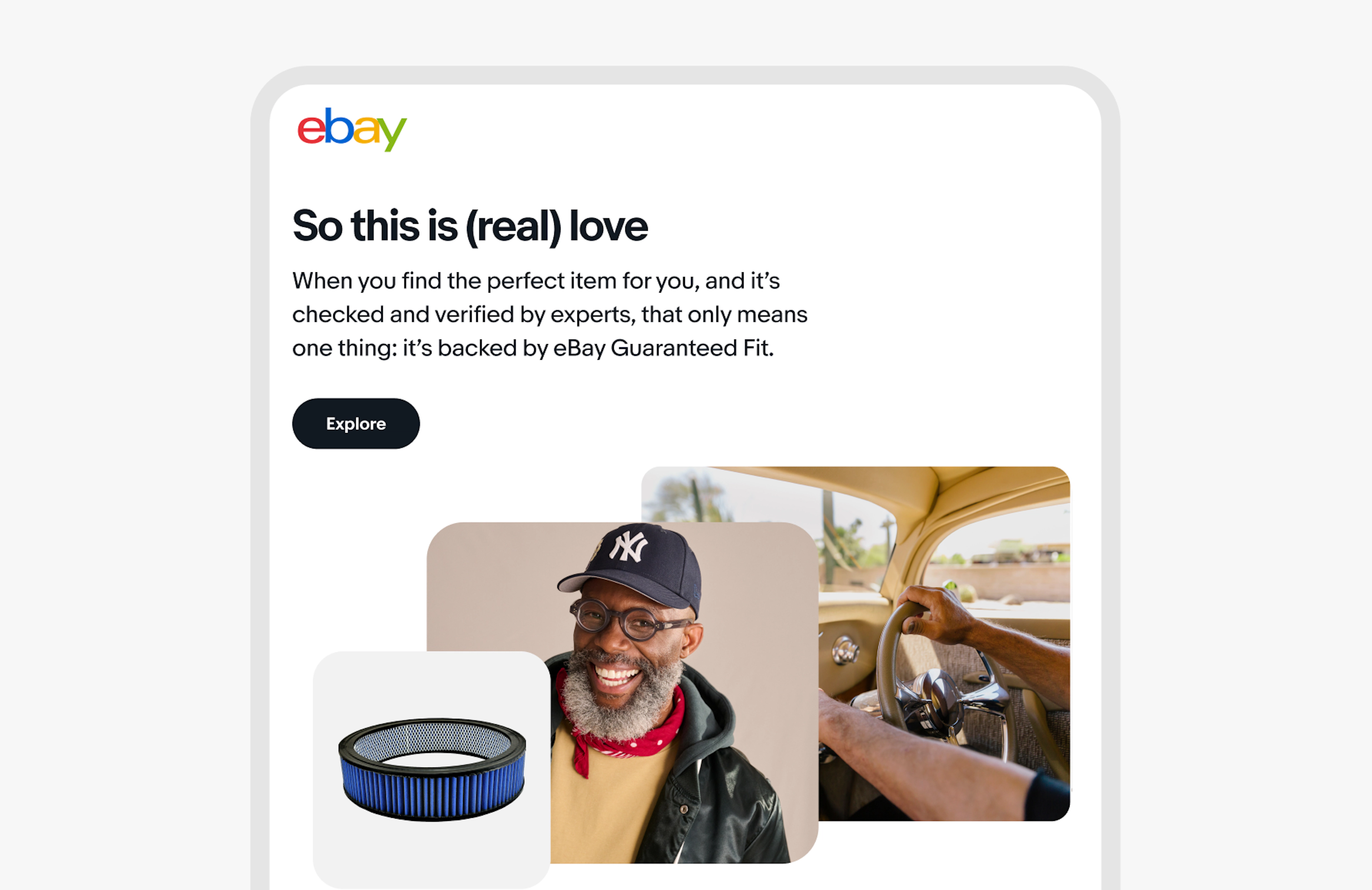 An email design with the logo in the upper left, followed by a headline with support copy, a button, and a stack of images.