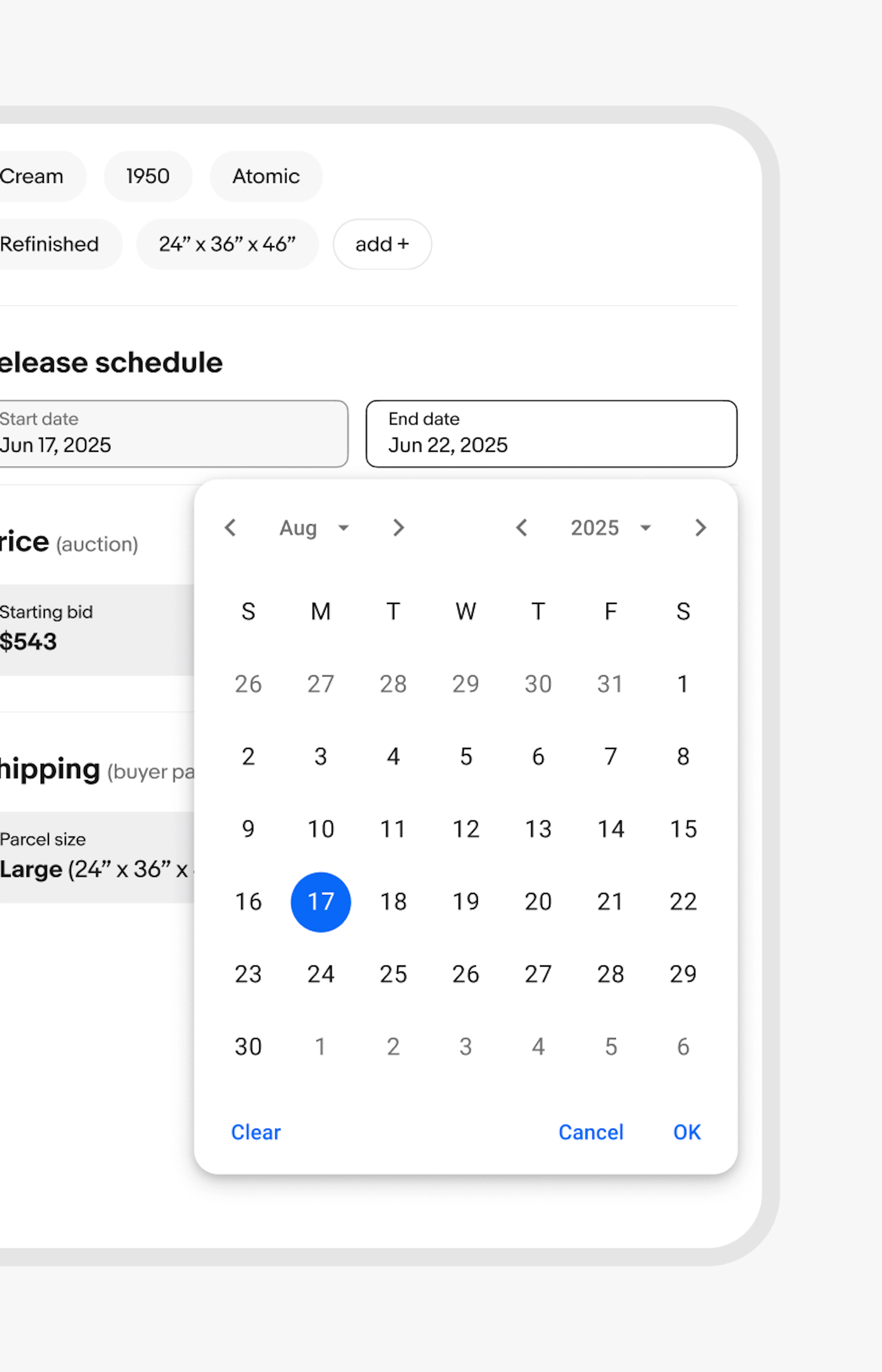 A material design docked date picker popover.