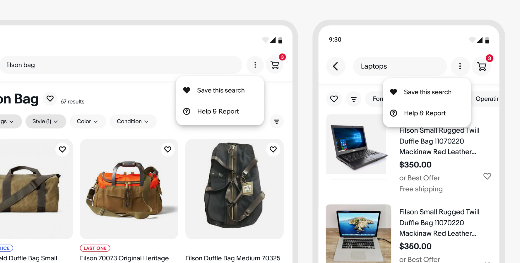 A tablet and mobile Android screen side-by-side: eBay item page with overflow popover menu of actions; Unwatch item, Sell on like this, Share, Help & Report