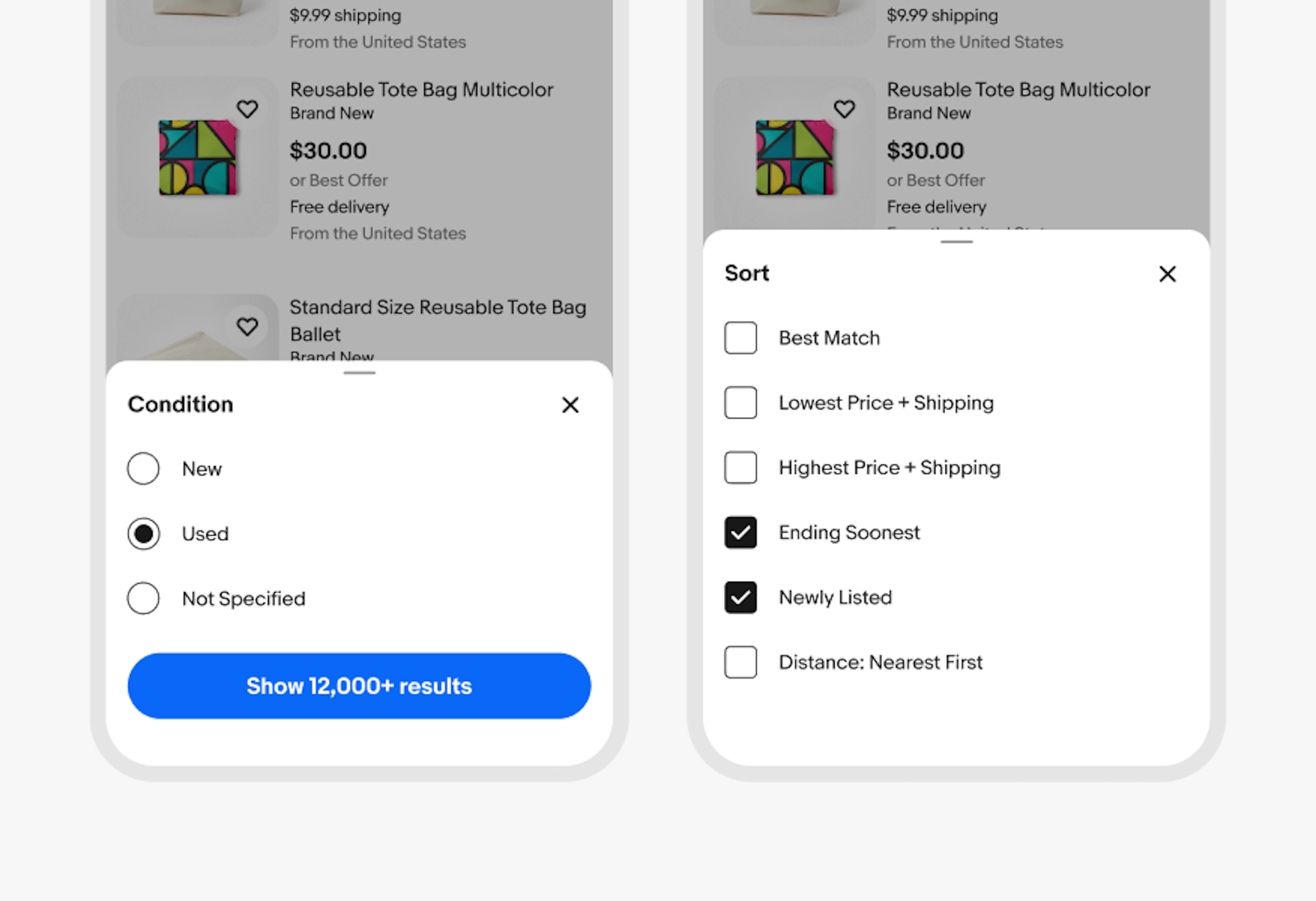 Two mobile filter sheets shown side by side: Condition uses radio buttons with Used selected, while Sort uses checkboxes with Ending Soonest and Newly Listed selected.