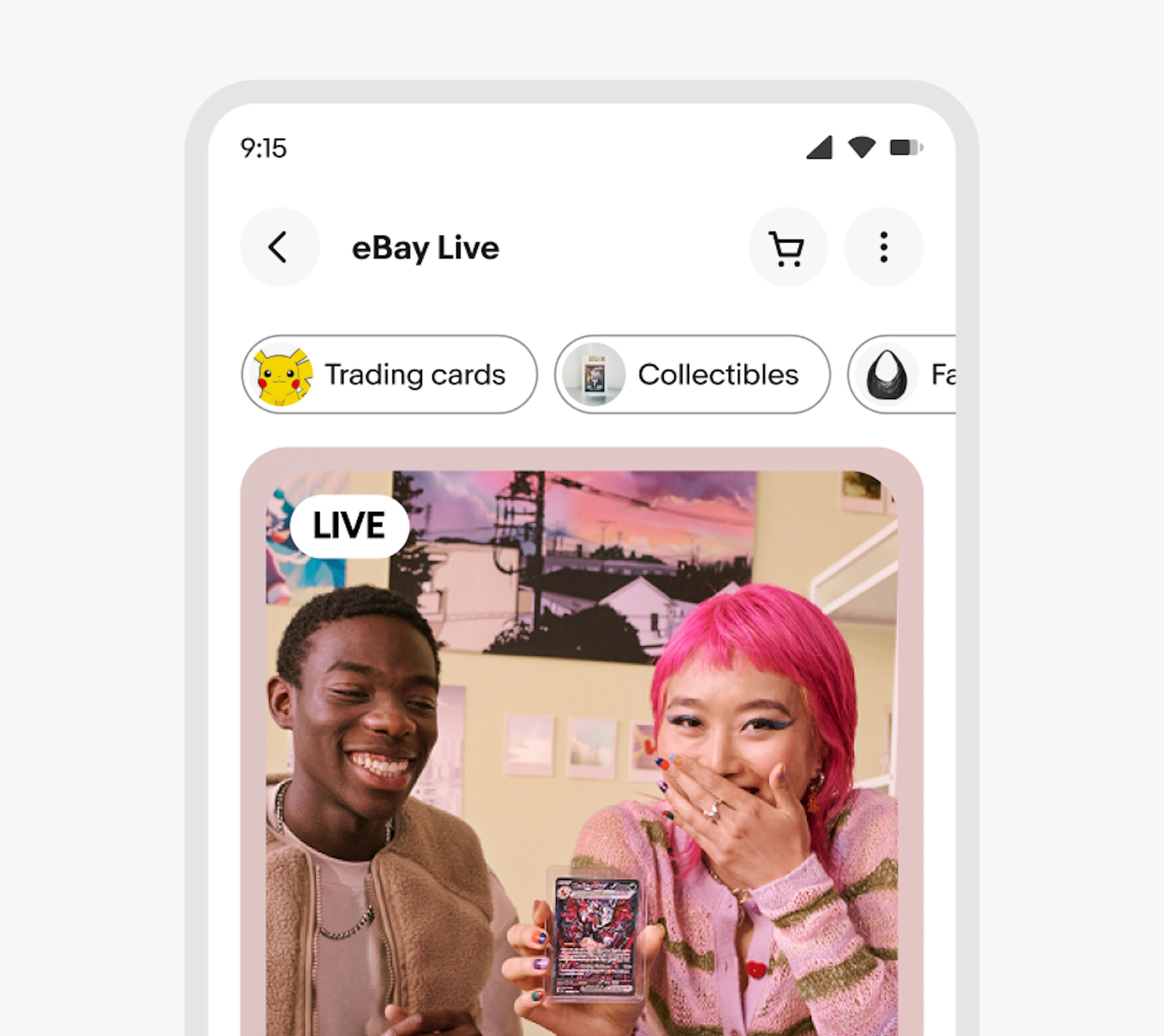 eBay live page on a mobile screen with several expressive filter chips 