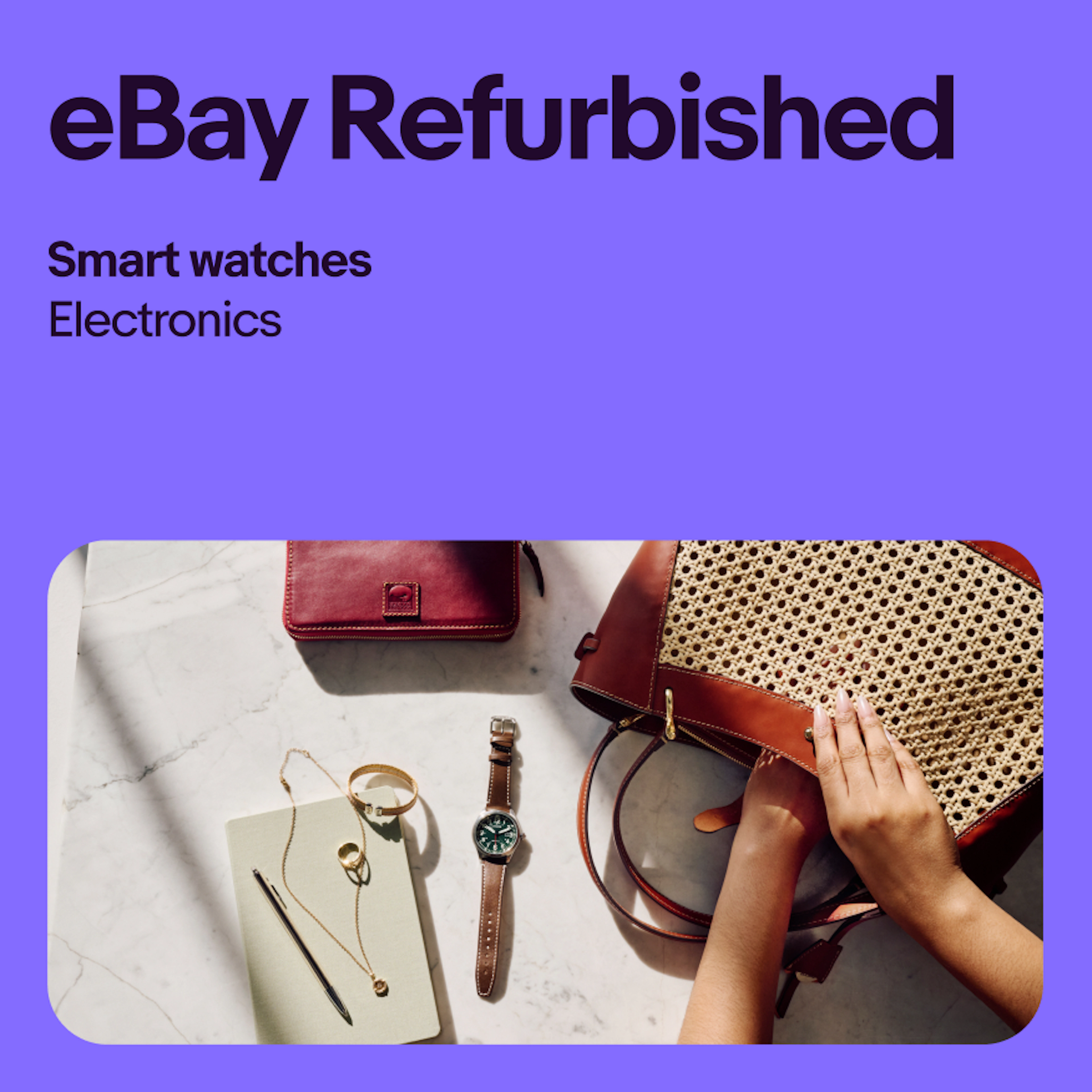  A vibrant purple ad for smart watches. The headline has “eBay Refurbished”.