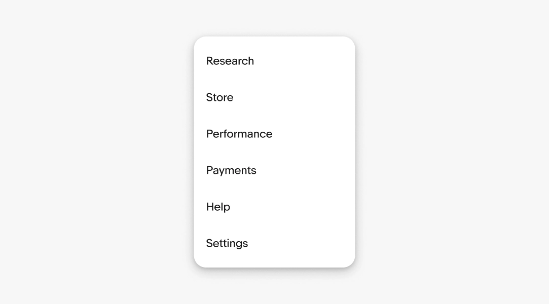 Menu action labels in a list with Order, Review, Share, Move, Delete