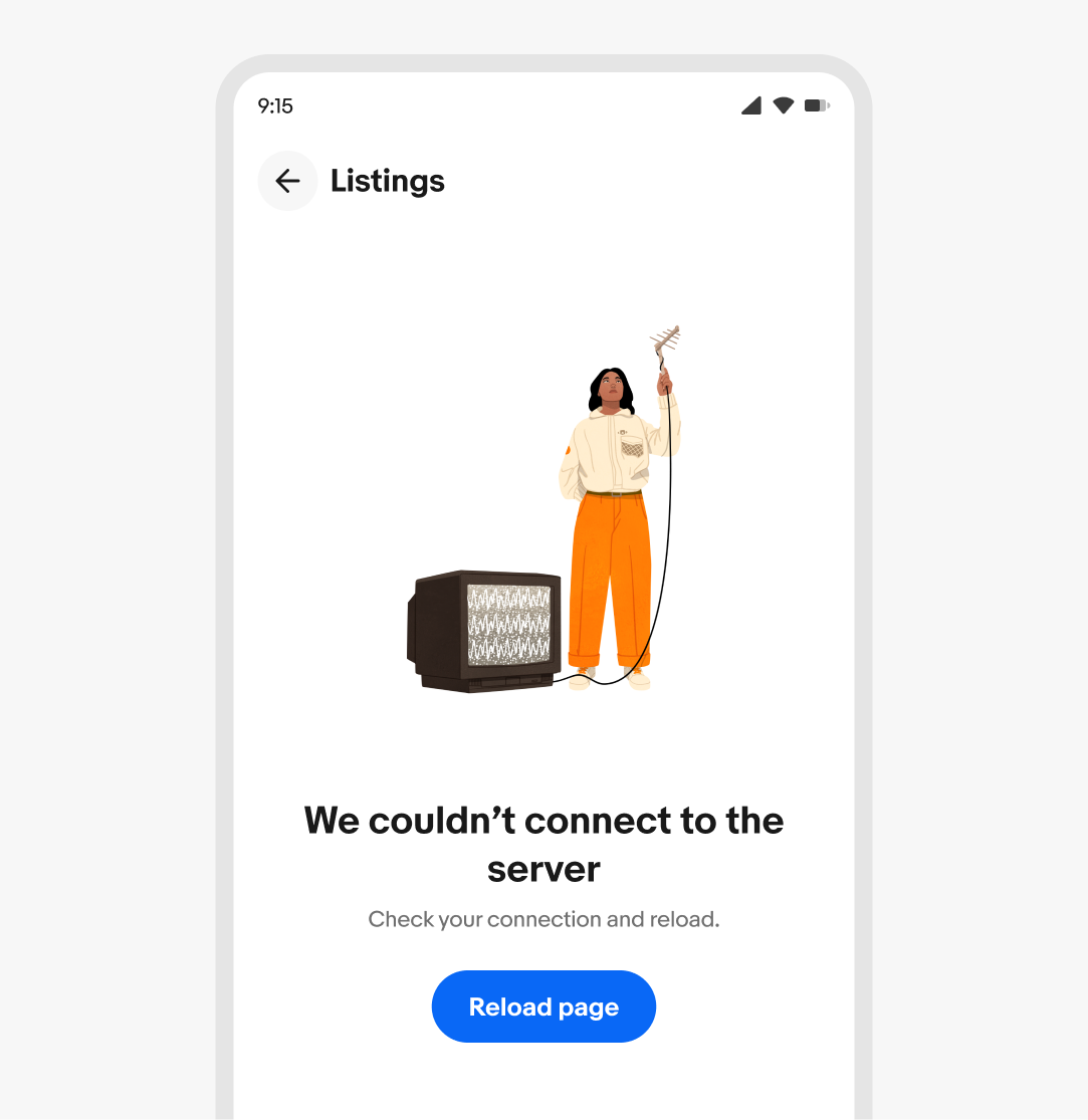 Empty listings page with an illustration, header "We couldn't connect to the server", body "Check your connection and reload", and CTA "Reload page"