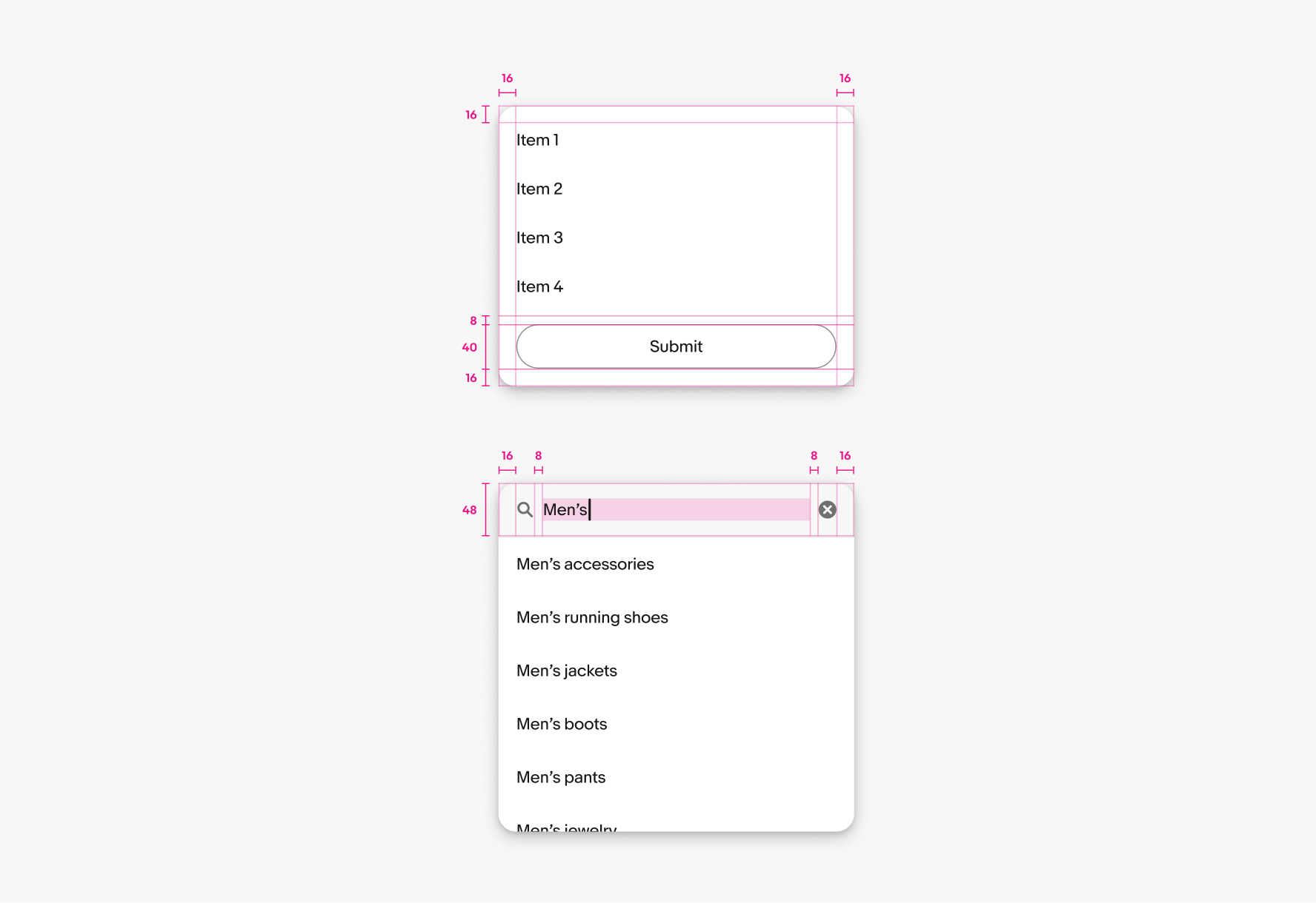 A popover is shown with specs highlighted. Padding on the top, bottom, left, and right of the container is 16px. The height of the footer is 40px. The padding between the body and footer is 8px.