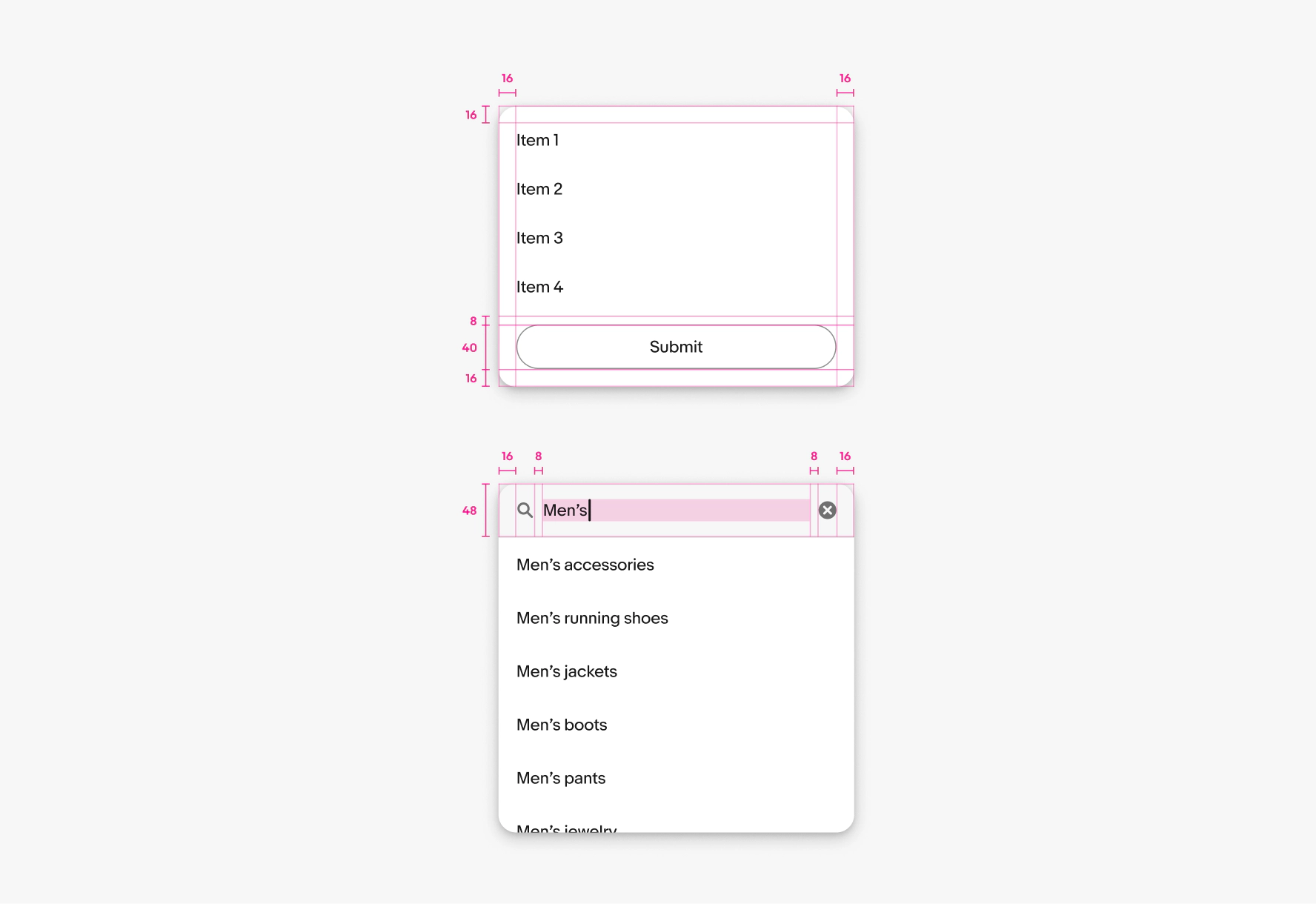 A popover is shown with specs highlighted. Padding on the top, bottom, left, and right of the container is 16px. The height of the footer is 40px. The padding between the body and footer is 8px.