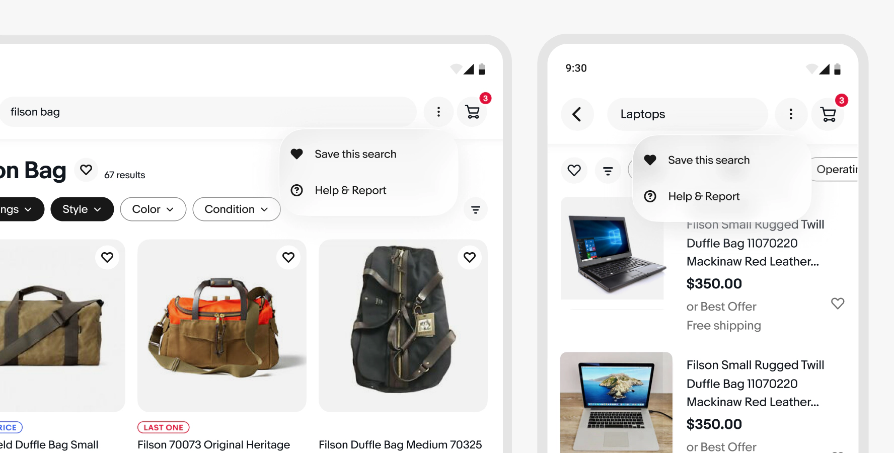 A tablet and mobile iOS screen side-by-side: eBay item page with overflow popover menu of actions; Unwatch item, Sell on like this, Share, Help & Report