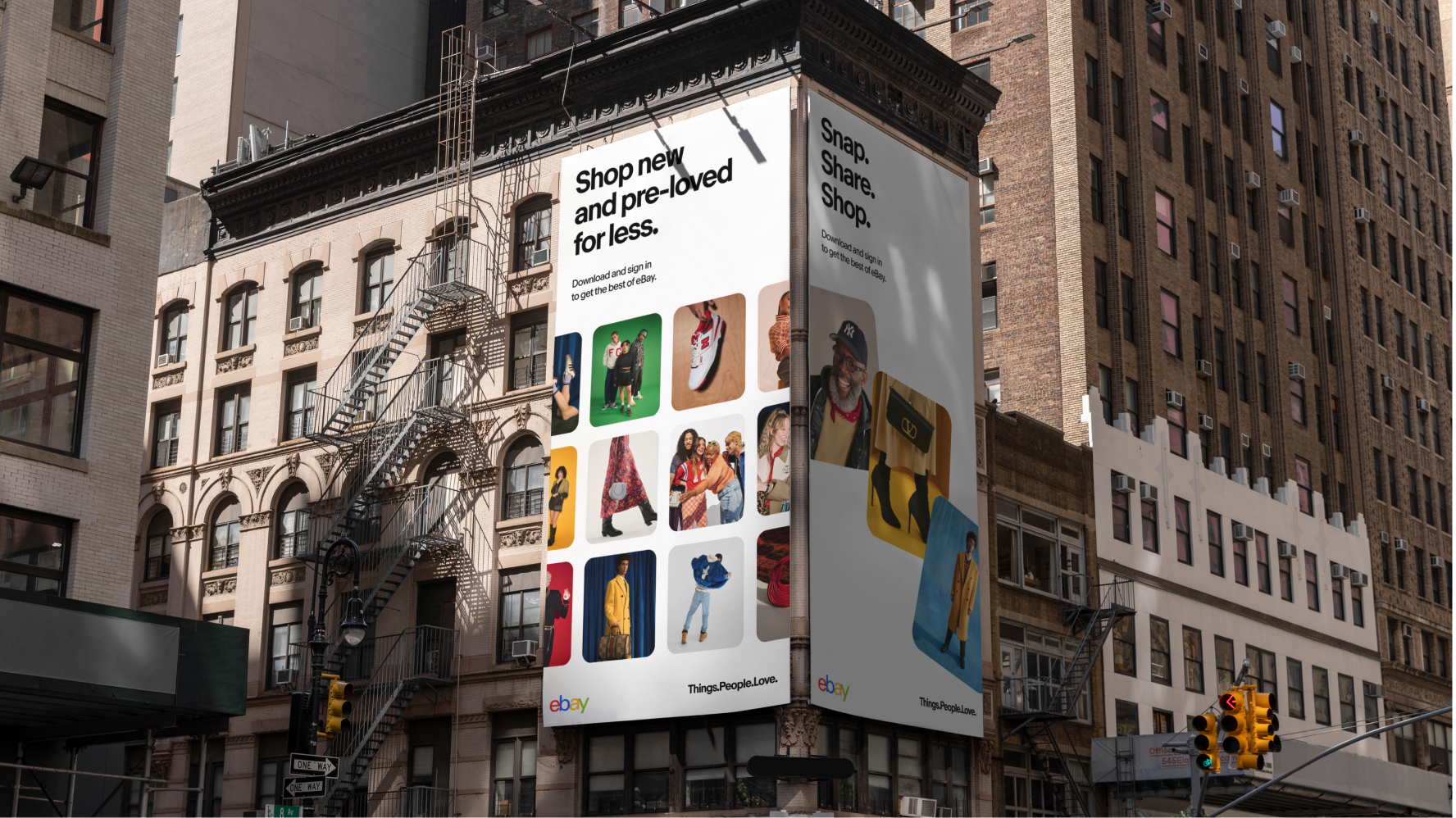 A large billboard advertisement on a building in a city promoting eBay with the text "Shop new and pre-loved for less" and "Snap. Share. Shop." The billboard features images of various products and people, encouraging viewers to download and sign in to the eBay app.