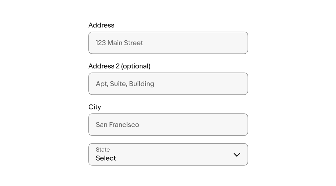 Address form with fields for address, address line 2, city, and state.