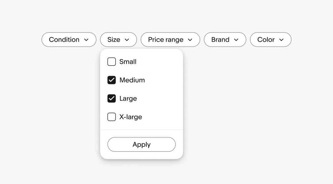 Four filter chips labeled: Condition, Size, Price range, Brand, and Color. The Size dropdown is expanded, displaying checkboxes for different size options: Small (unchecked), Medium (checked), Large (checked), and X-large (unchecked). At the bottom of the dropdown is an "Apply" button to confirm the size selection.