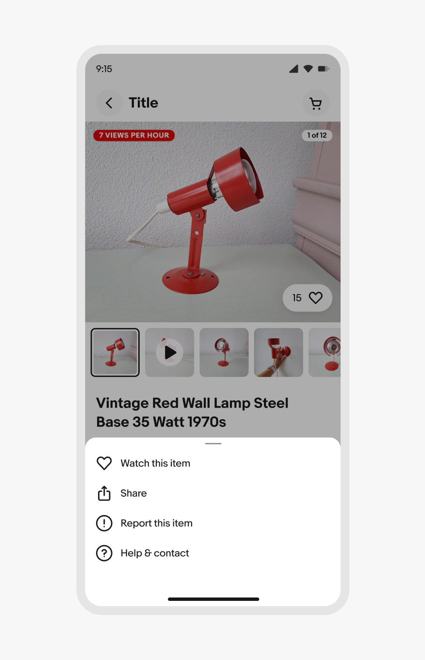 A bottom sheet is displayed on top of an item details page.