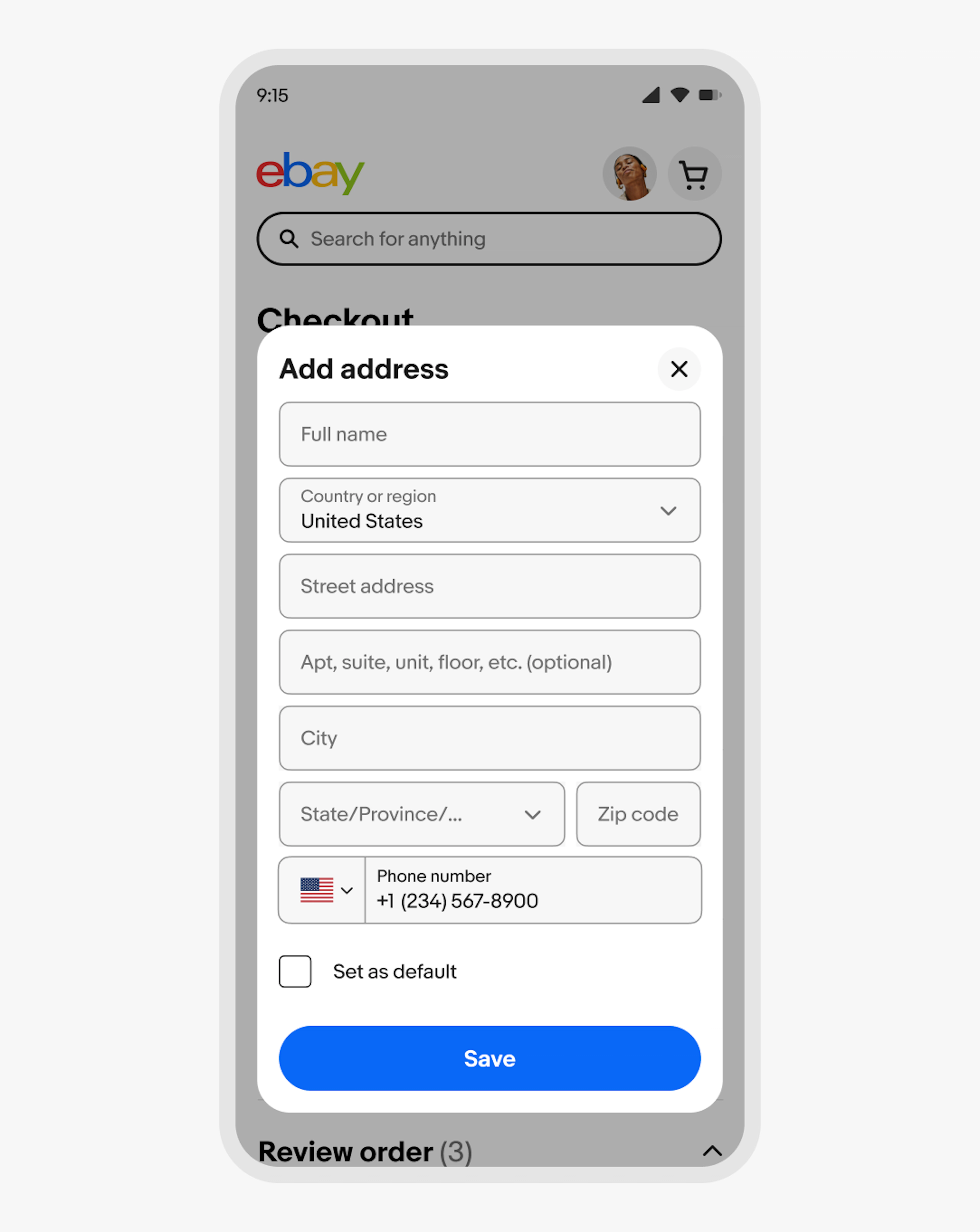 A standard dialog with a title of “add address” and fields with entries for full name, country or region, street address, apt/suite, unit/floor/etc. (optional), city, state/province, zip code and phone number. There is a checkbox under the address fields that reads “set as default”. The primary CTA in the footer reads “save”. 