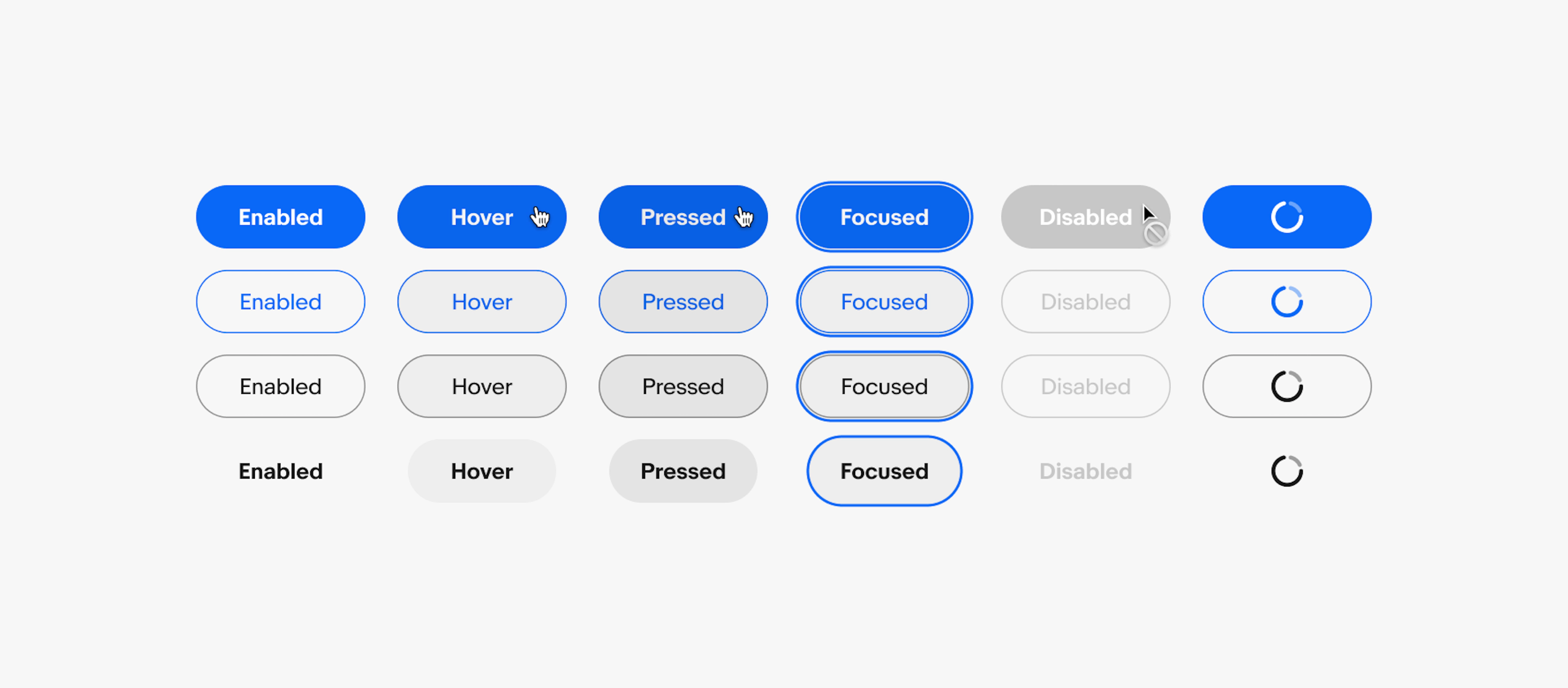 Each button level at each of their states. The states shown are enabled, hover, pressed, focused, disabled, and pending.