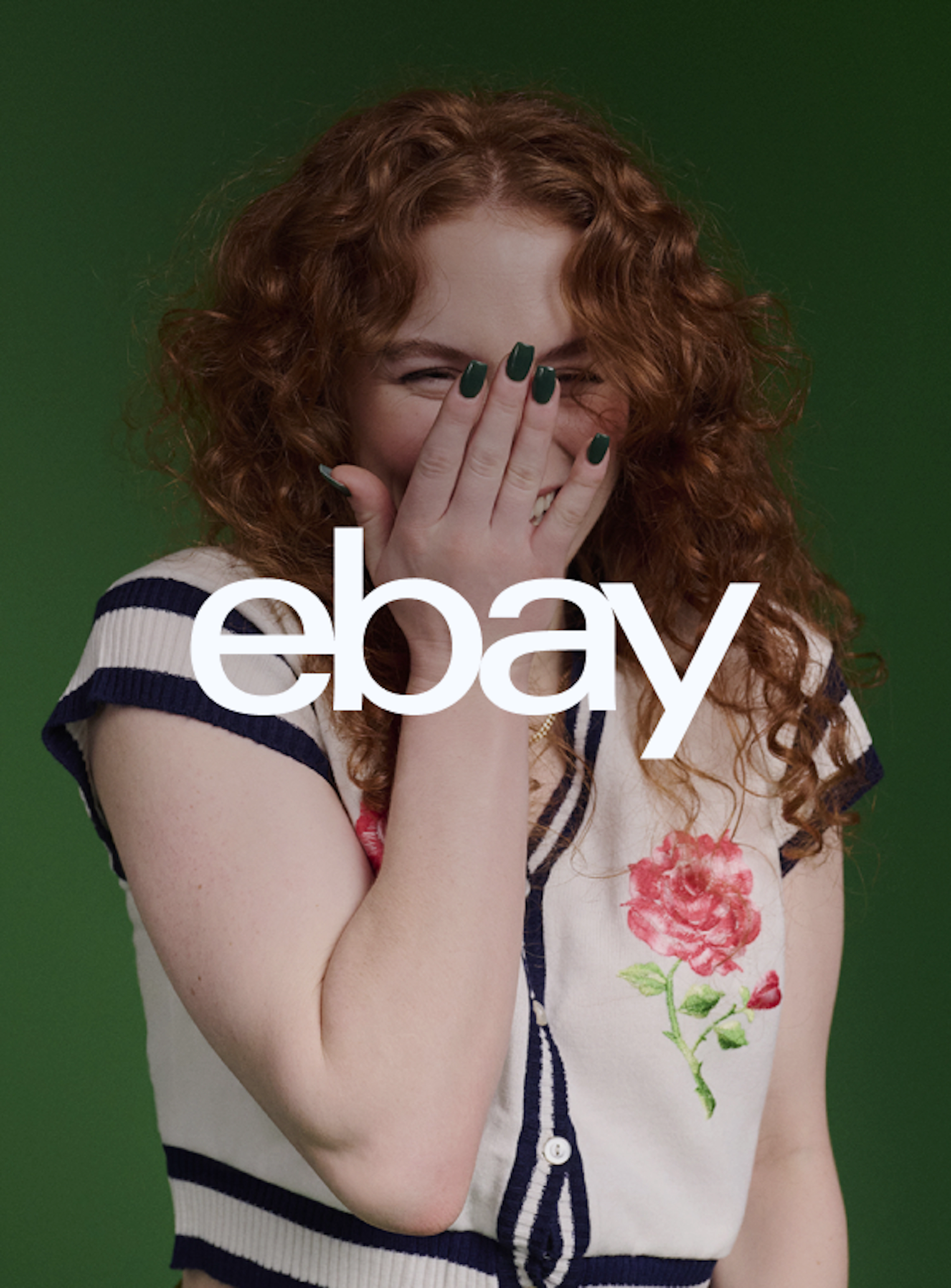 A white eBay logo, on top of an image of three people.