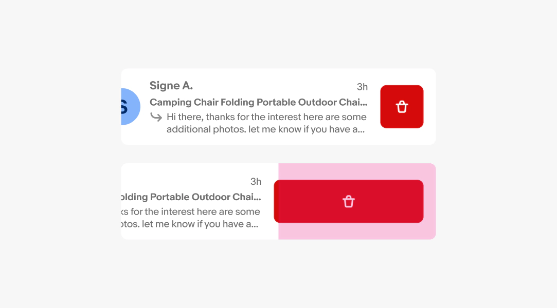 Two list rows at different swipe distances. The first example shows a partial swipe revealing the delete action but not triggering it. The second example shows the row being swiped beyond half of the row width and triggering the delete action.