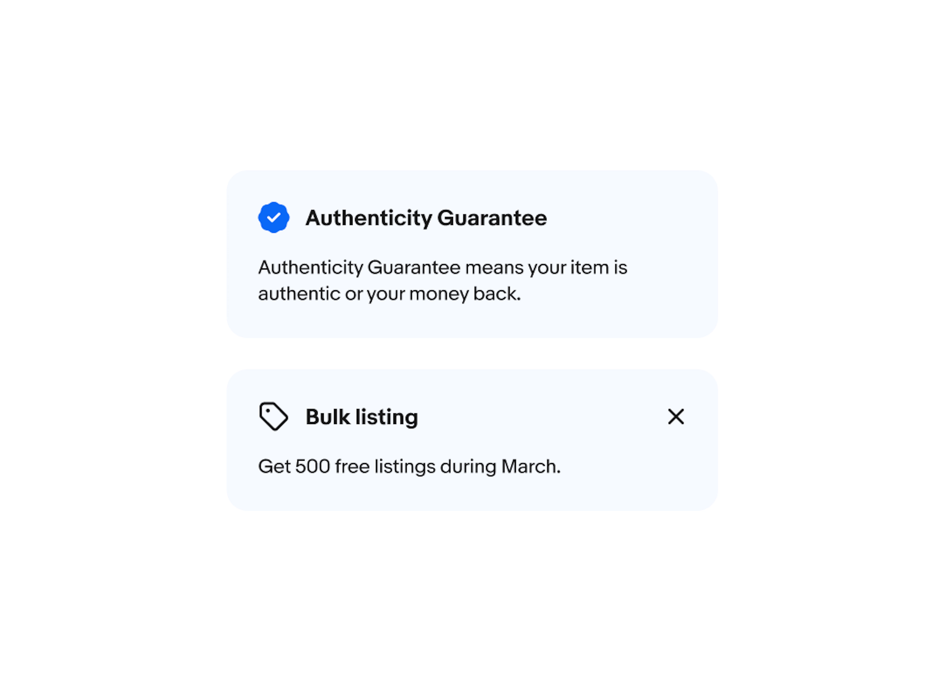 Two education notices stacked on top of each other. The first one has an “Authenticity Guarantee” icon and the second one has a tag icon.