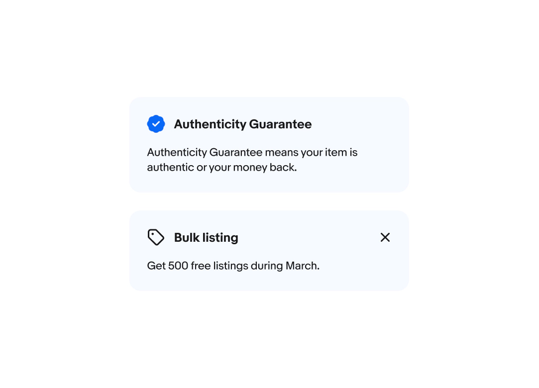 Two education notices stacked on top of each other. The first one has an “Authenticity Guarantee” icon and the second one has a tag icon.