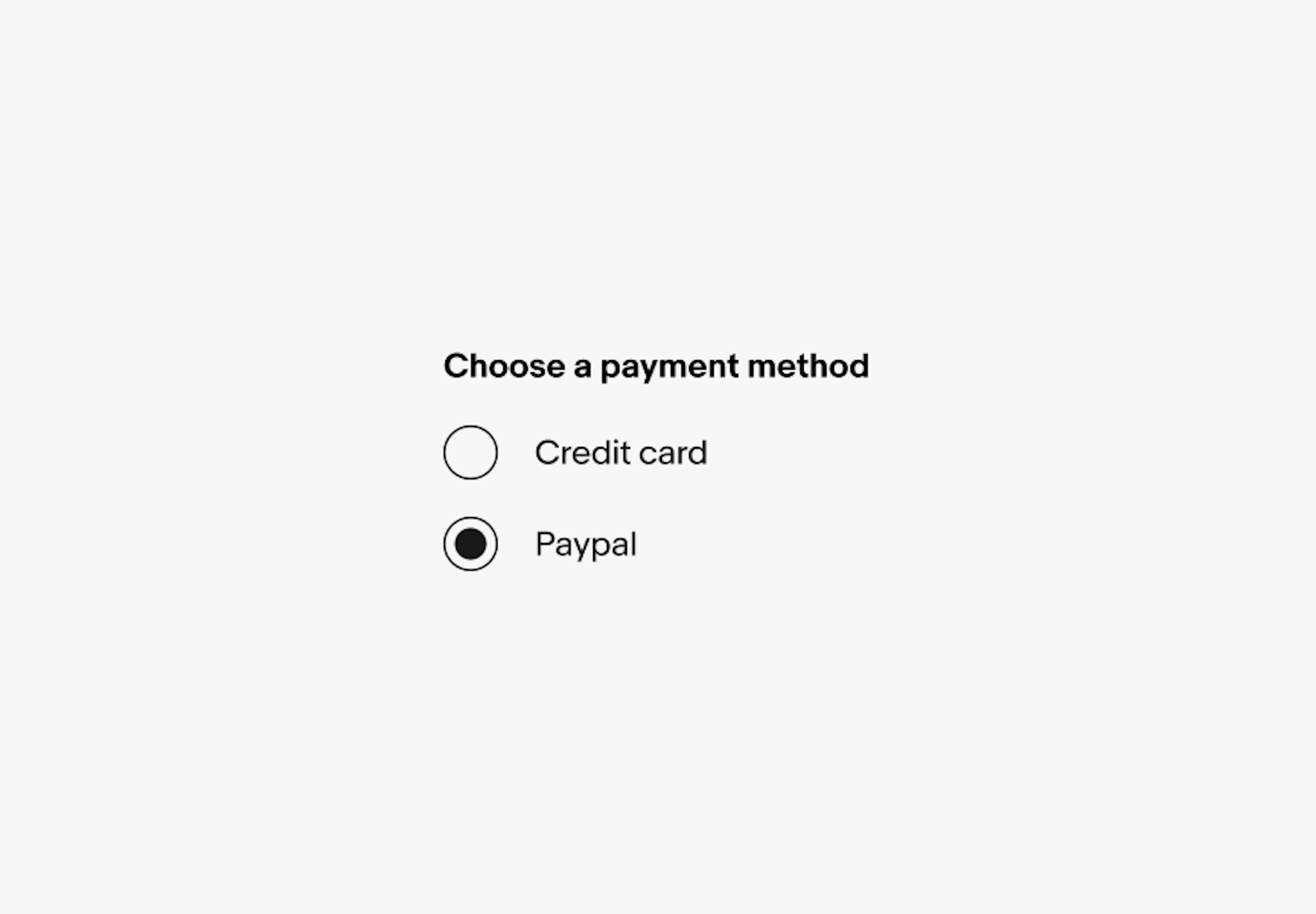 ‘Choose a payment method’ section groups two radio buttons: Credit card and Paypal. The Credit card radio button is unselected, while the Paypal button is selected.