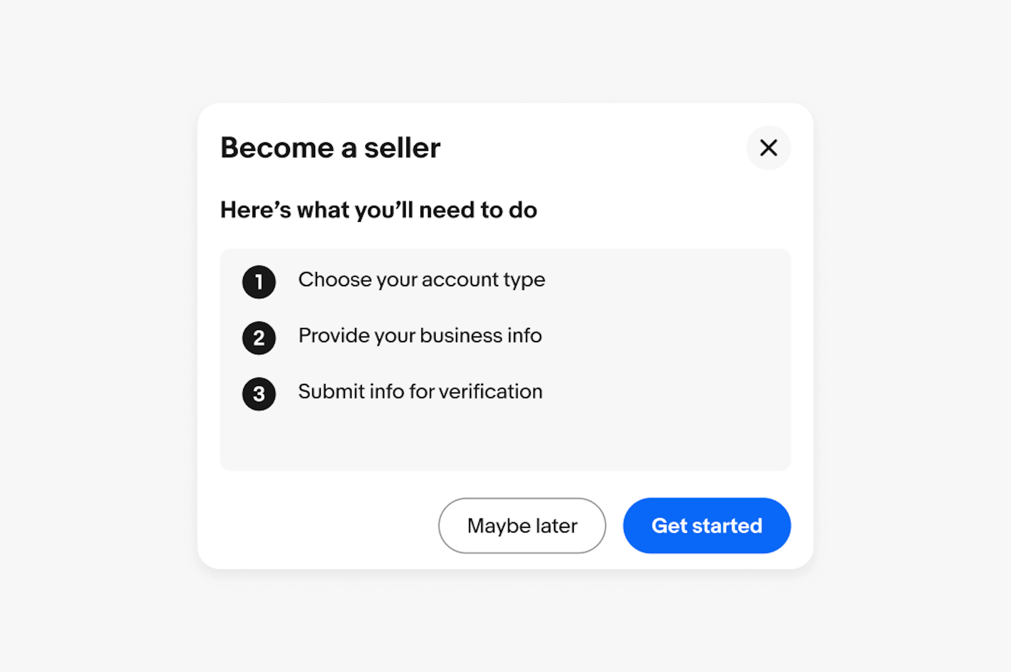 A standard dialog with a title of “become a seller”. 