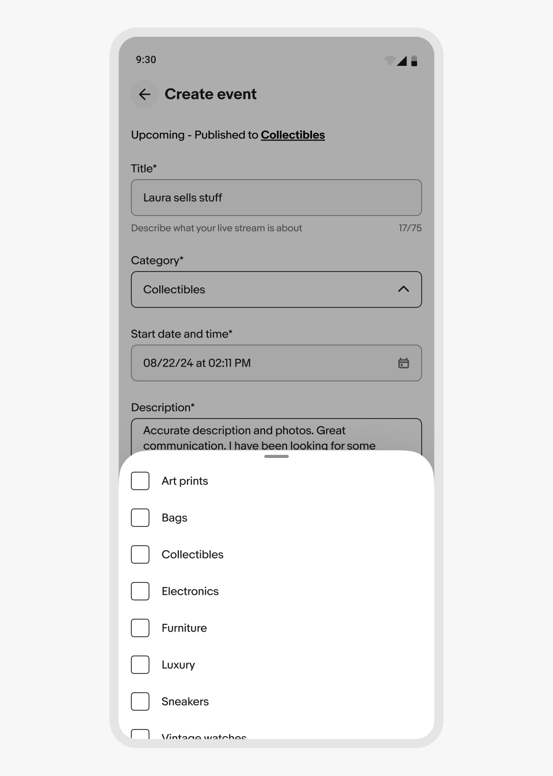 Create event screen with a bottom sheet overlay listing categories: Art prints, Bags, Collectibles, Electronics, Furniture, Luxury, Sneakers.