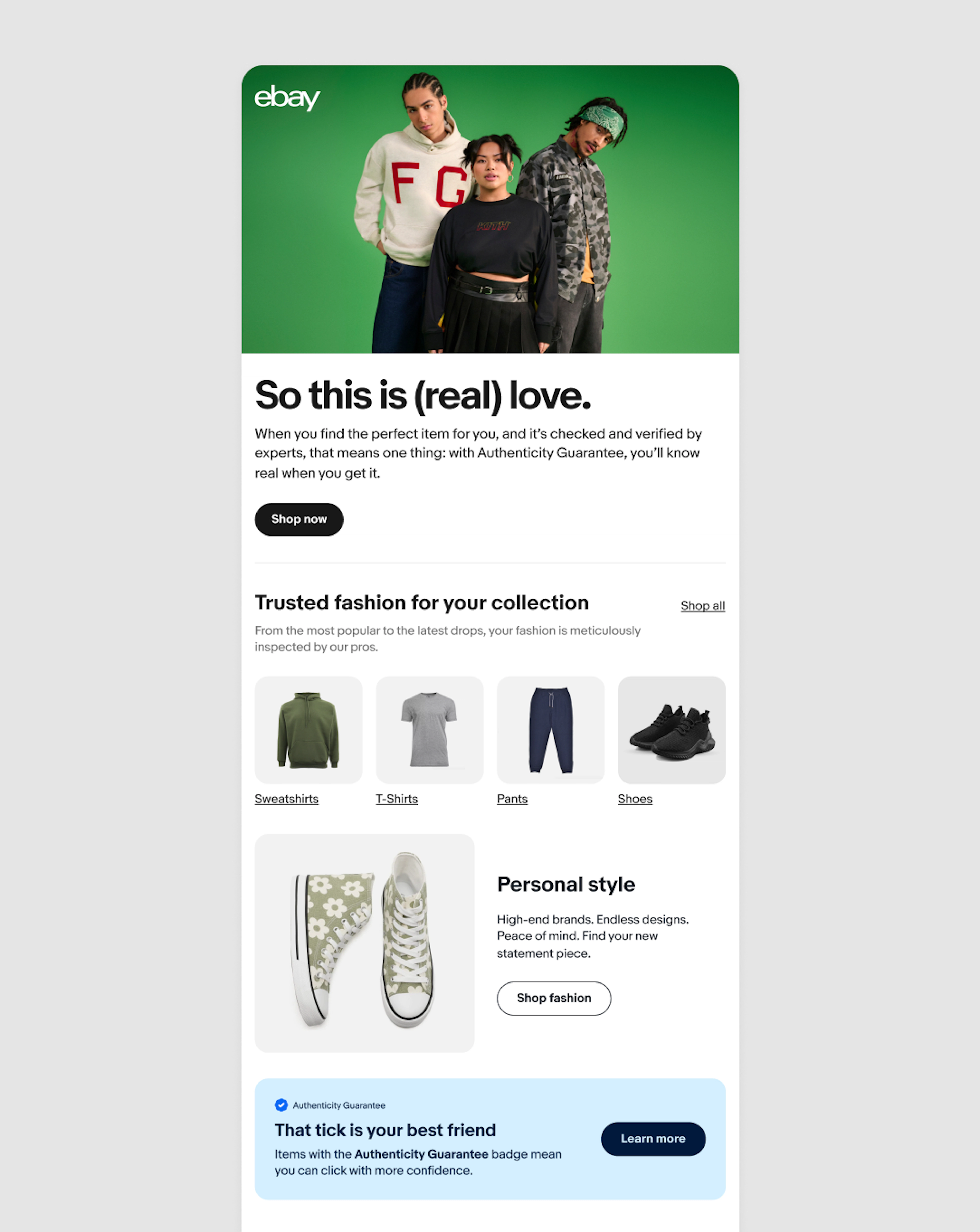 Email with an image in the header and says, “(Pre)love fashion for less” in the title. There is visual navigation, an education module and seller cards below with the full footer.