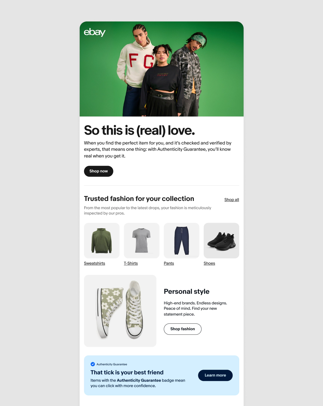Email with an image in the header and says, “(Pre)love fashion for less” in the title. There is visual navigation, an education module and seller cards below with the full footer.