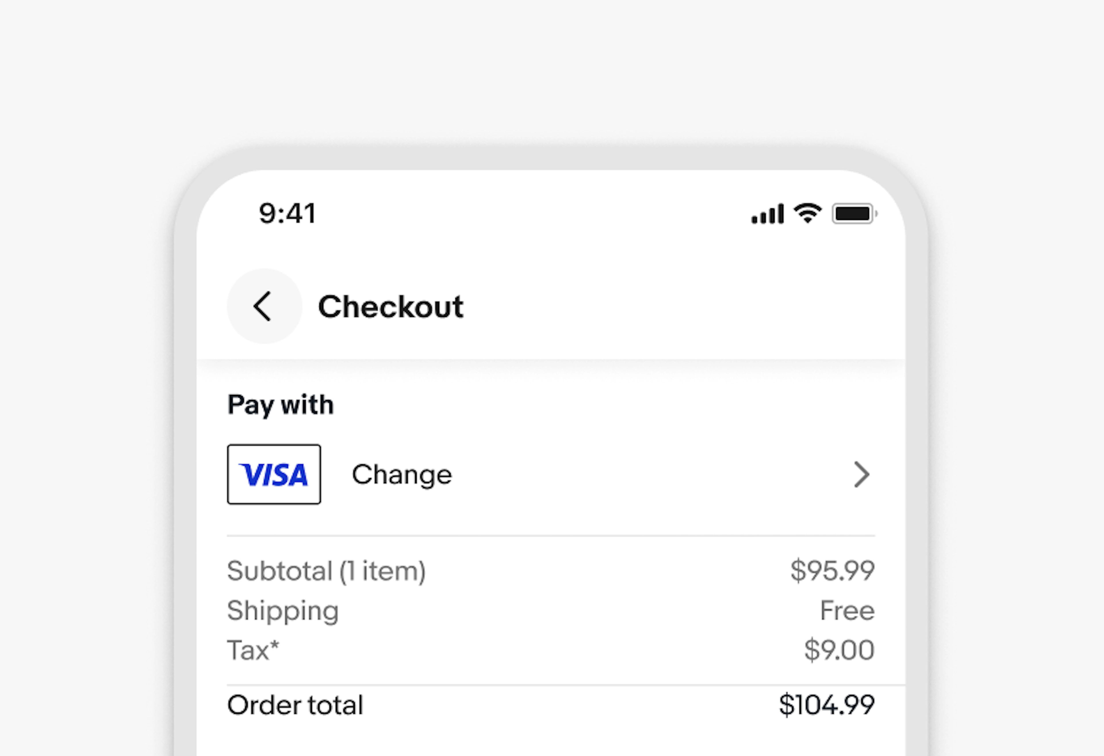 Checkout screen where Pay with shows only a Change action above the order summary, without identifying the selected payment method.
