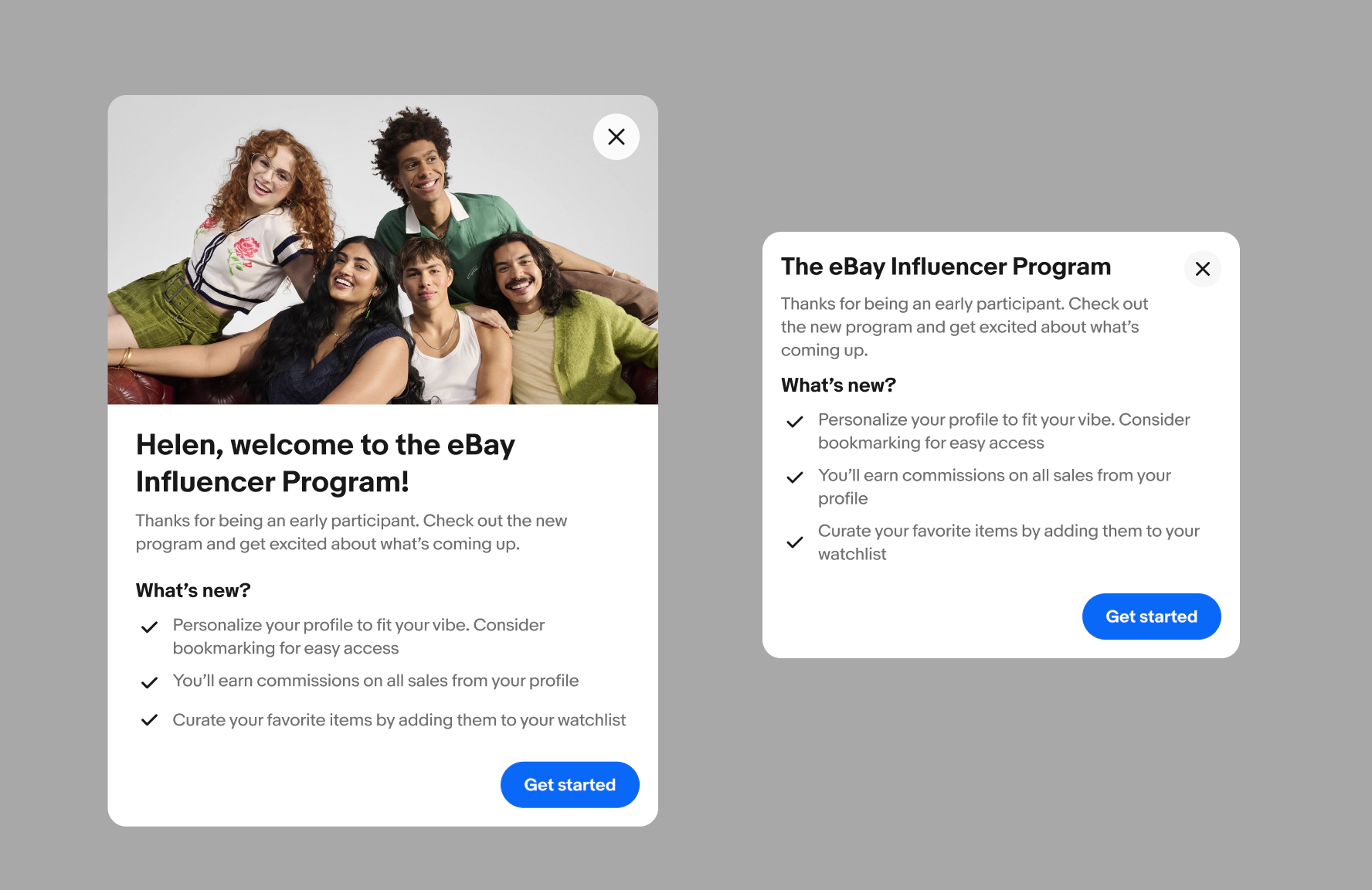 Dialogs with different header container layouts. The left dialog shows a header container with an image and title below the image. The right dialog shows a simple header with a title.