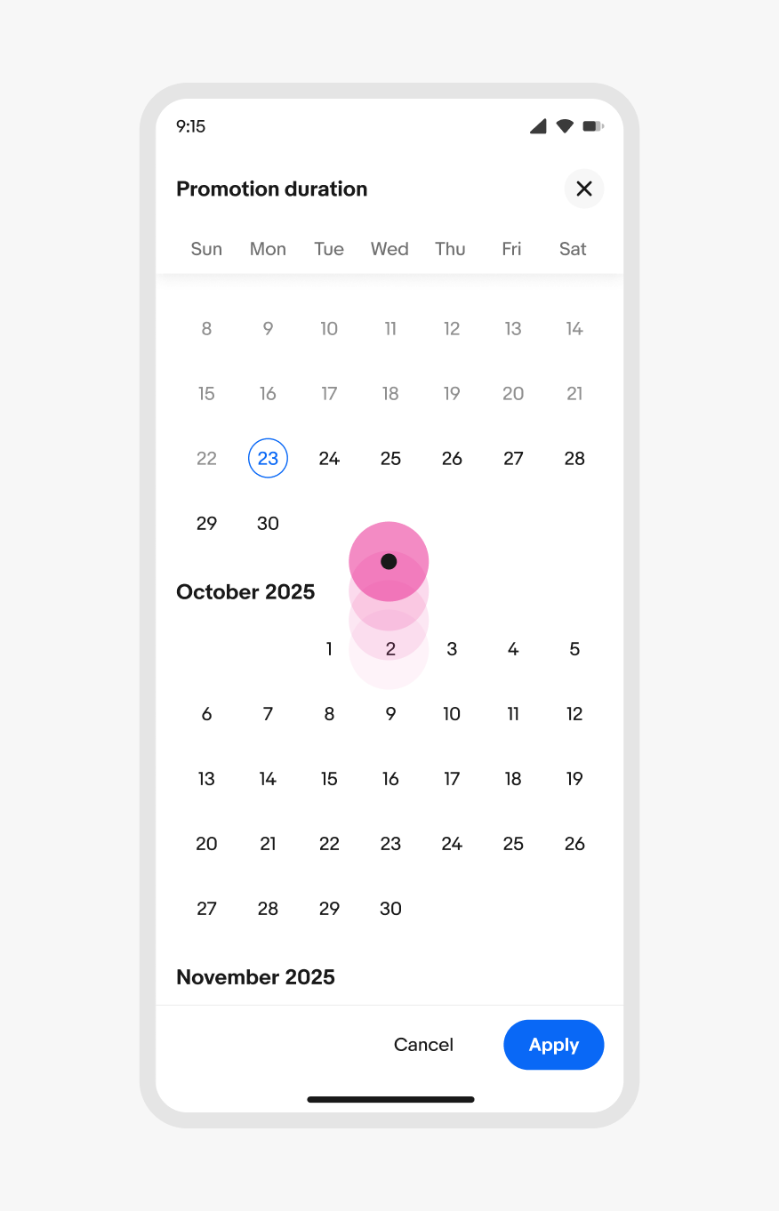 A full screen dialog picker with a swiping indicator from bottom to top.